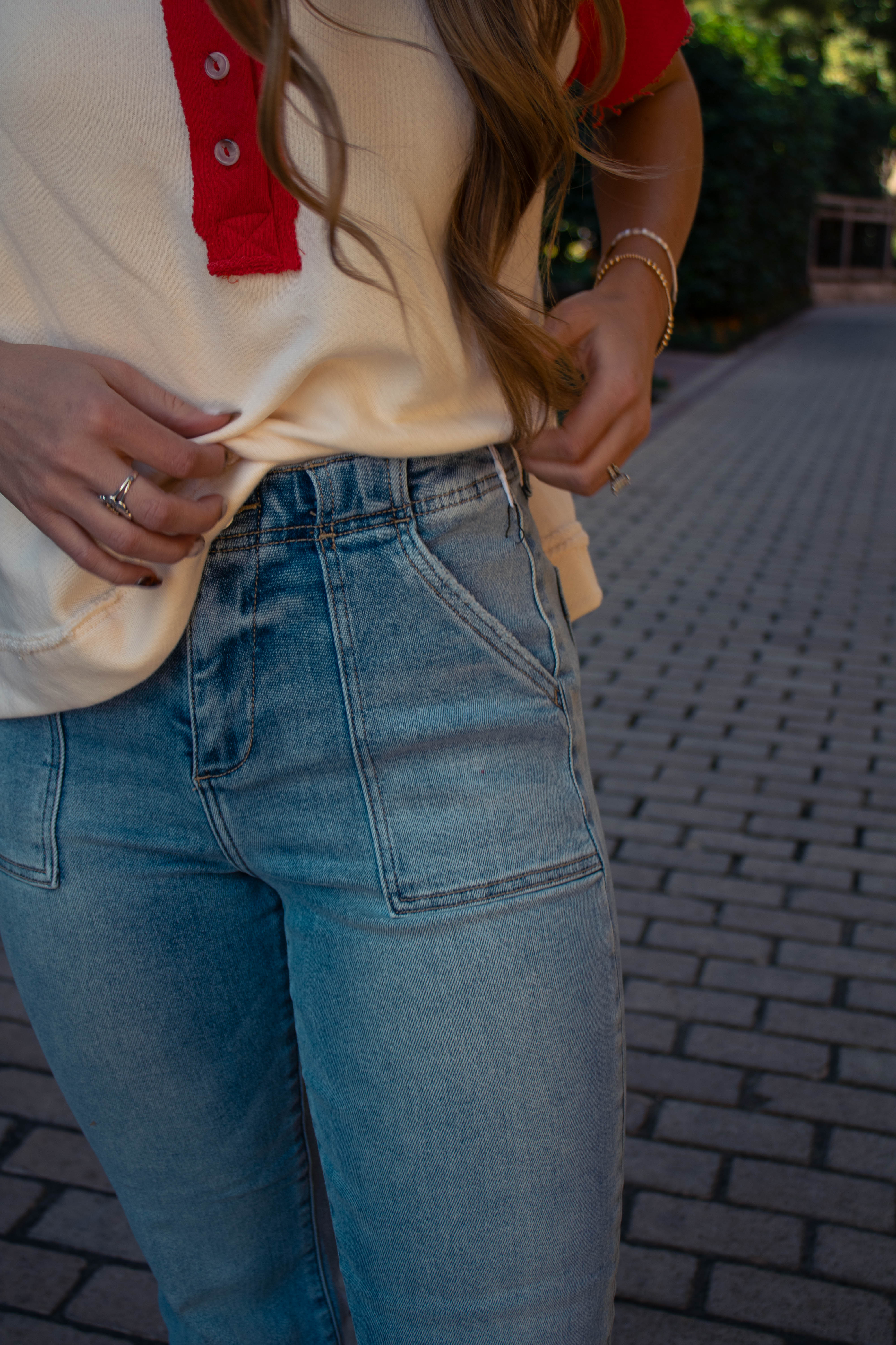High Rise Patch Pockets Ankle Flare Jeans Light Wash