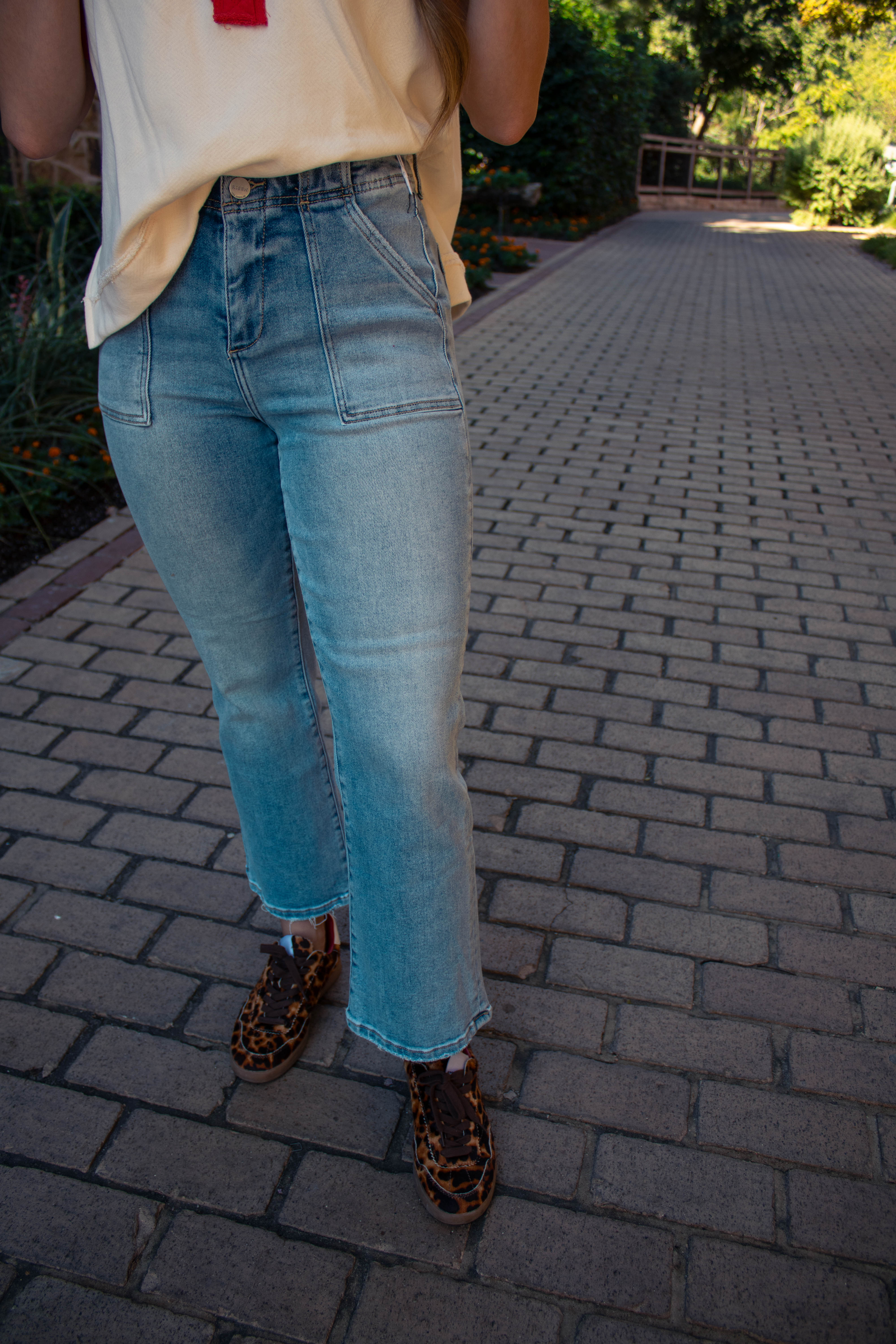 High Rise Patch Pockets Ankle Flare Jeans Light Wash