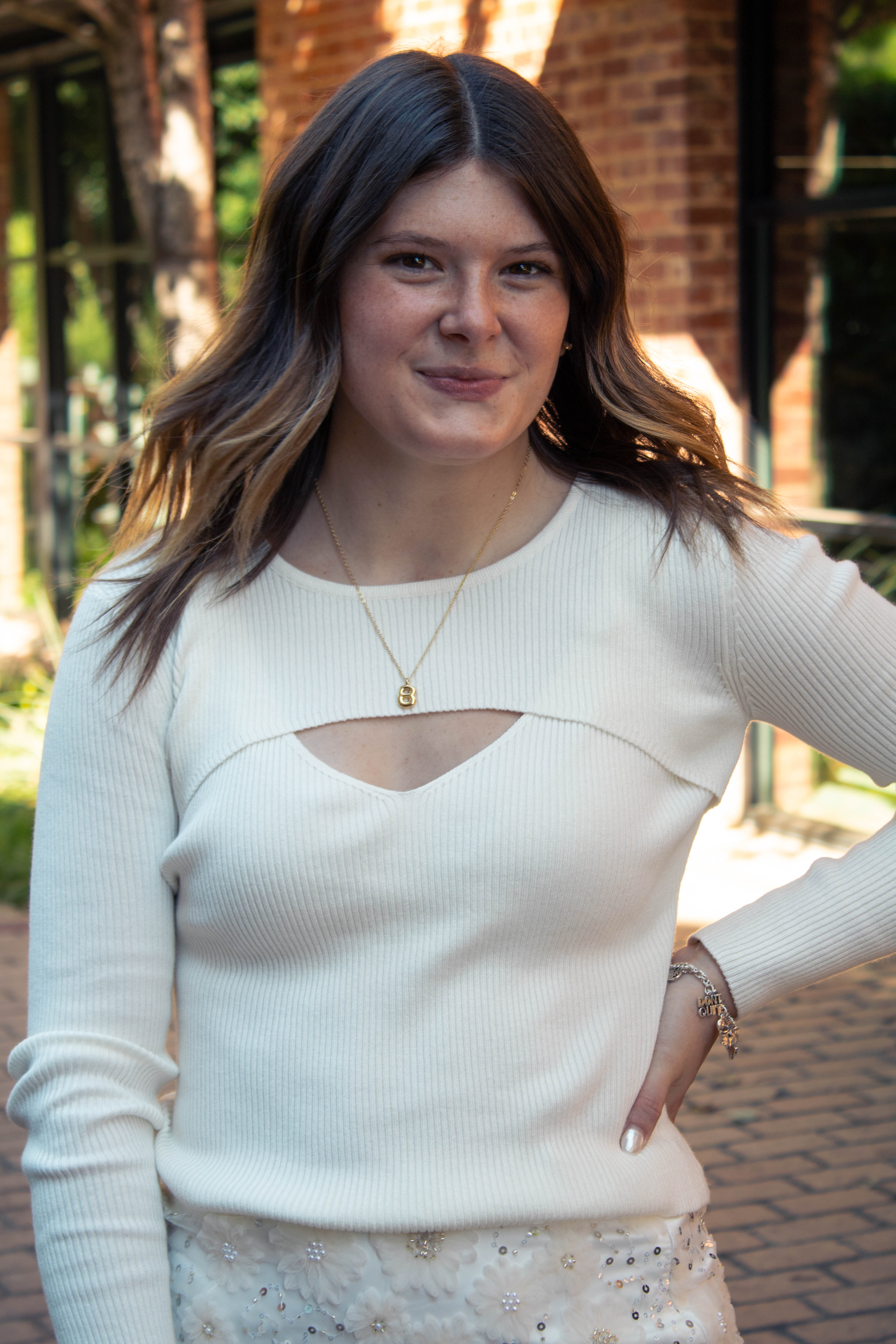 Long Sleeve Ribbed Knit Top in white
