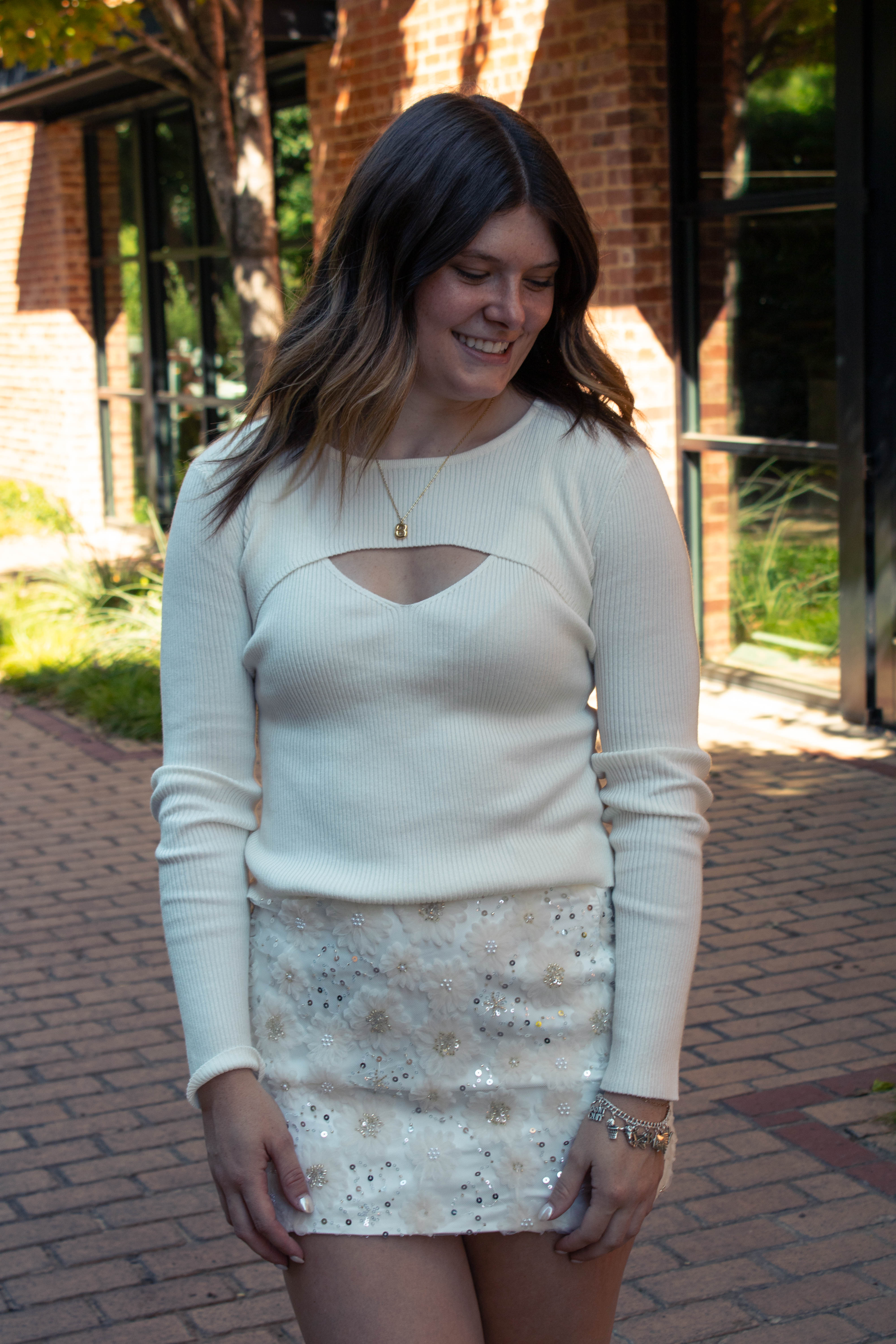 Long Sleeve Ribbed Knit Top in white