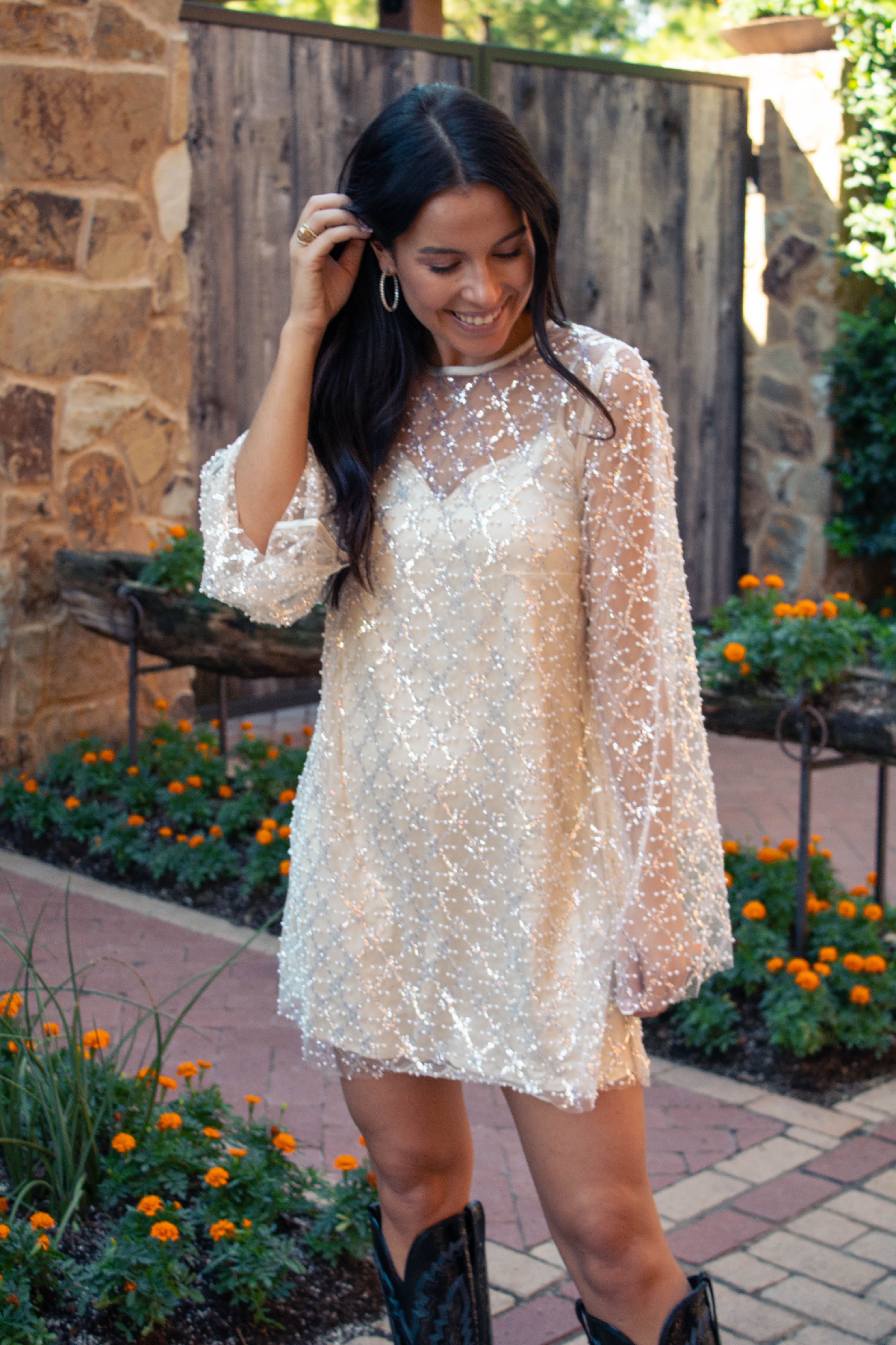 Sequin and beaded bell sleeve dress