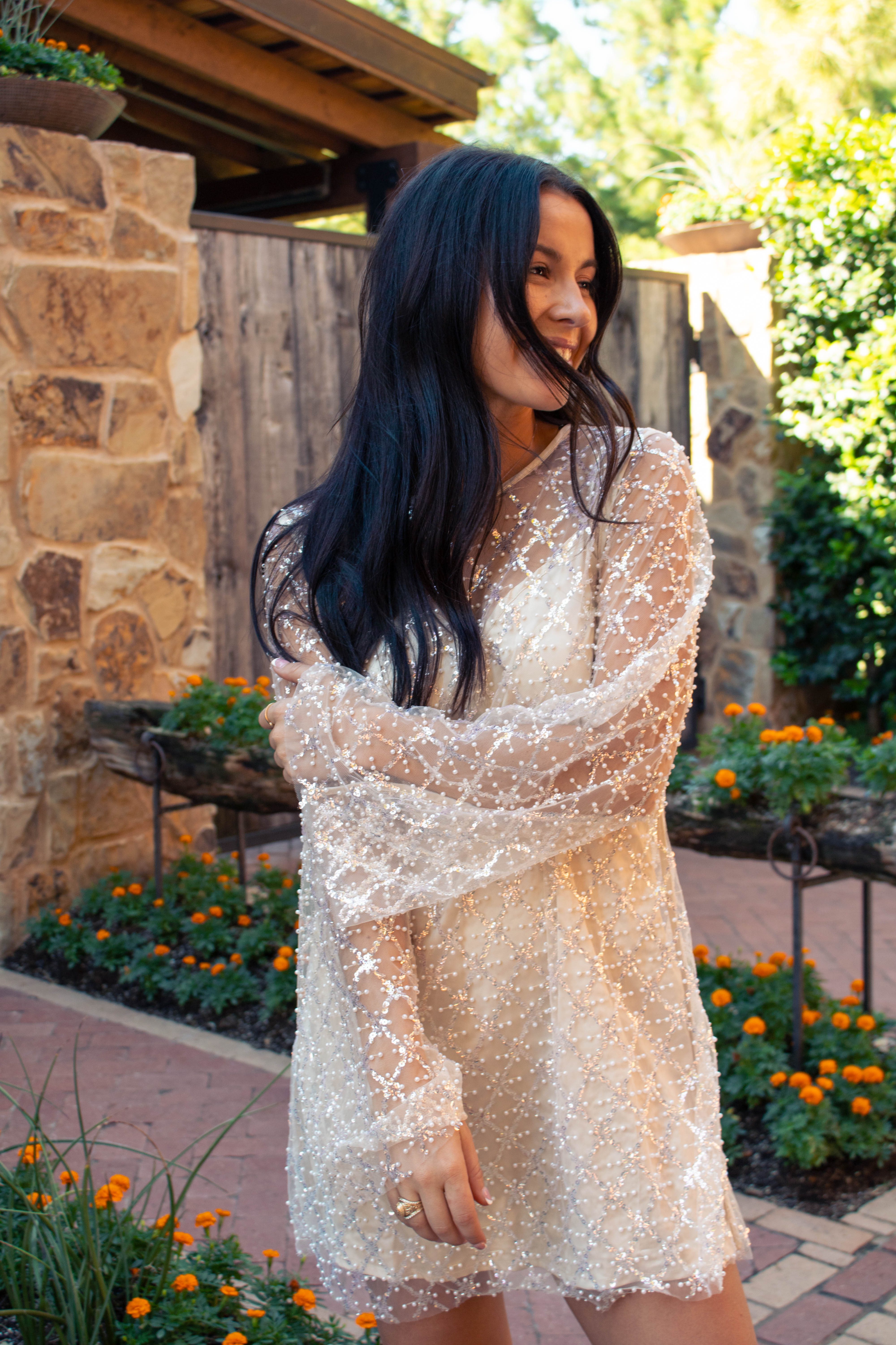Sequin and beaded bell sleeve dress