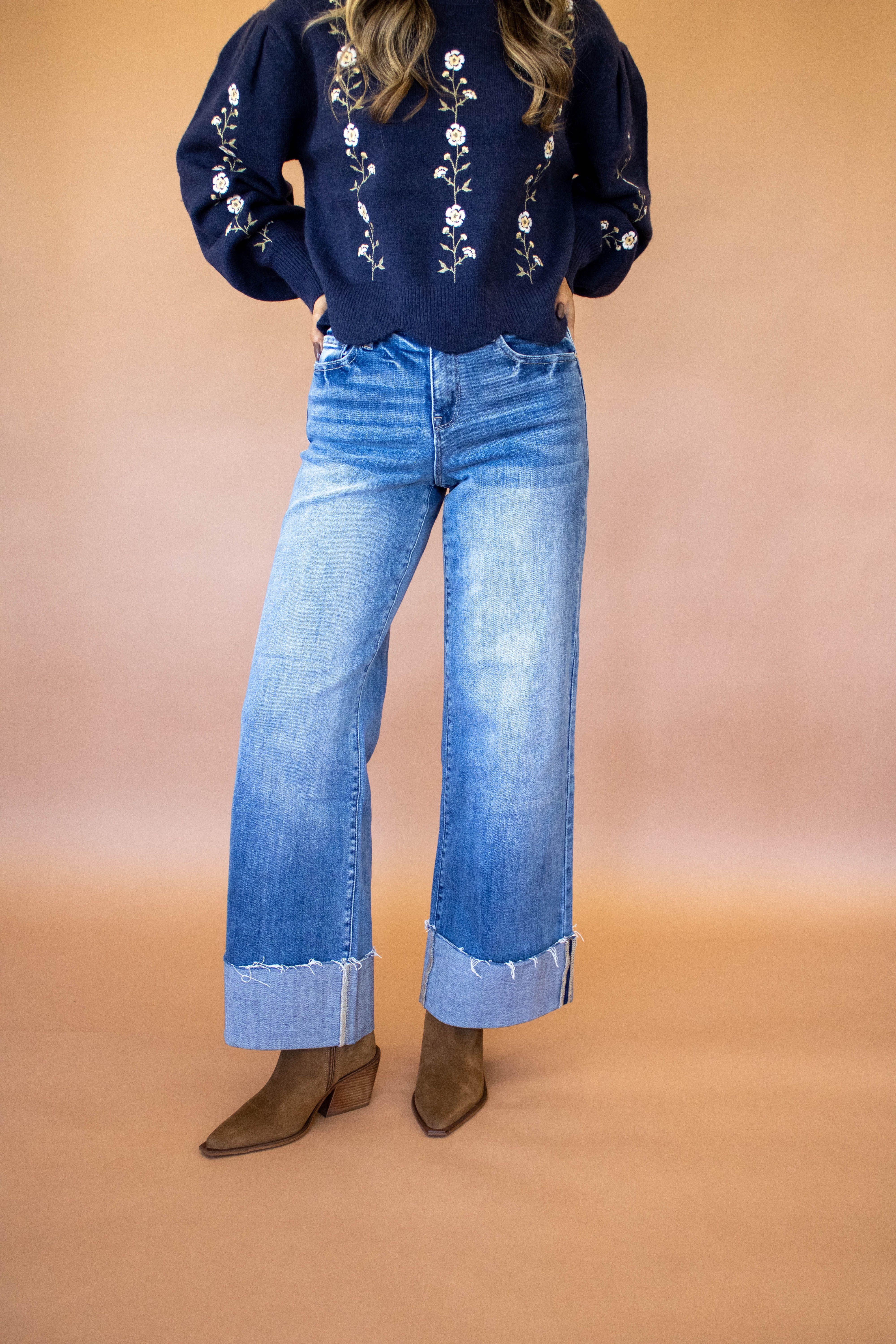 High Rise Stretch Wide Leg W/ Cuffed Hem Jeans by PETRA