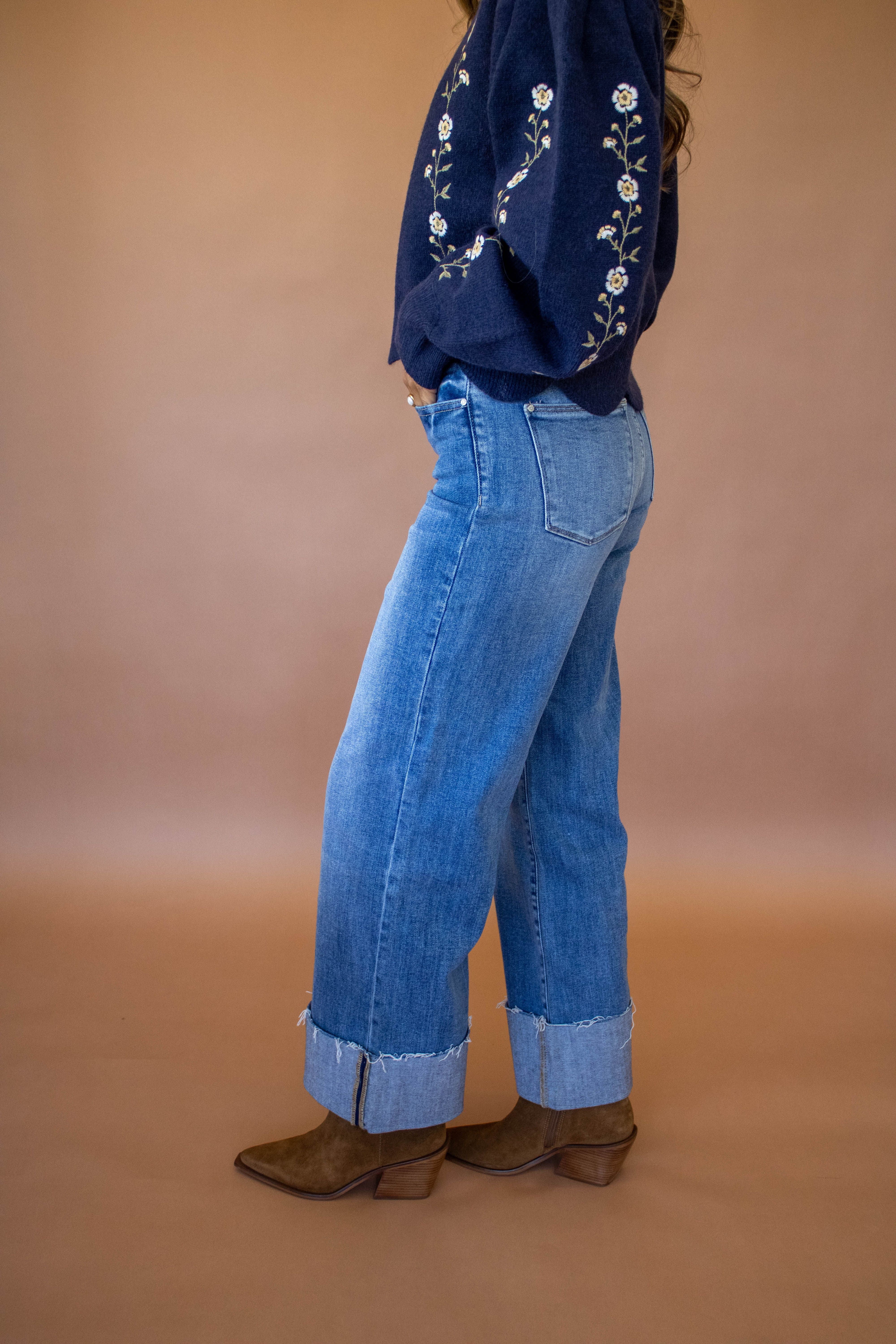High Rise Stretch Wide Leg W/ Cuffed Hem Jeans by PETRA
