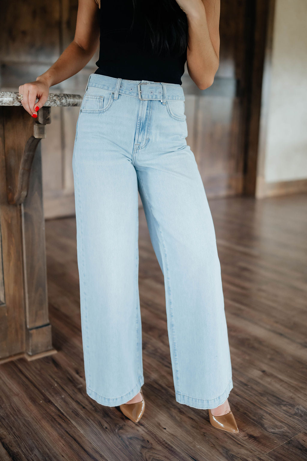 Wide Leg Jeans with Belt by Hidden