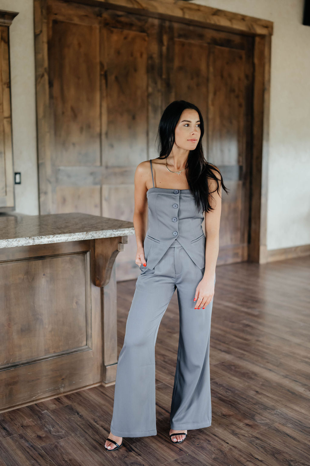 Split Hem Button Top in Grey