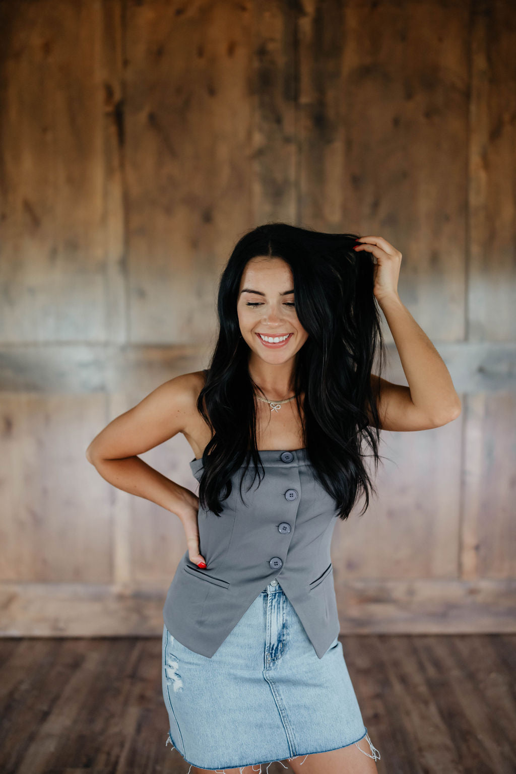 Split Hem Button Top in Grey