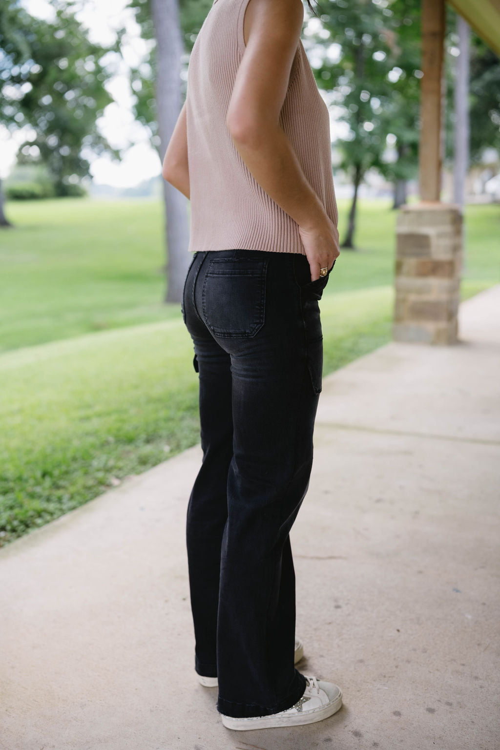 High Rise Black Cargo Pocket Jeans by Risen