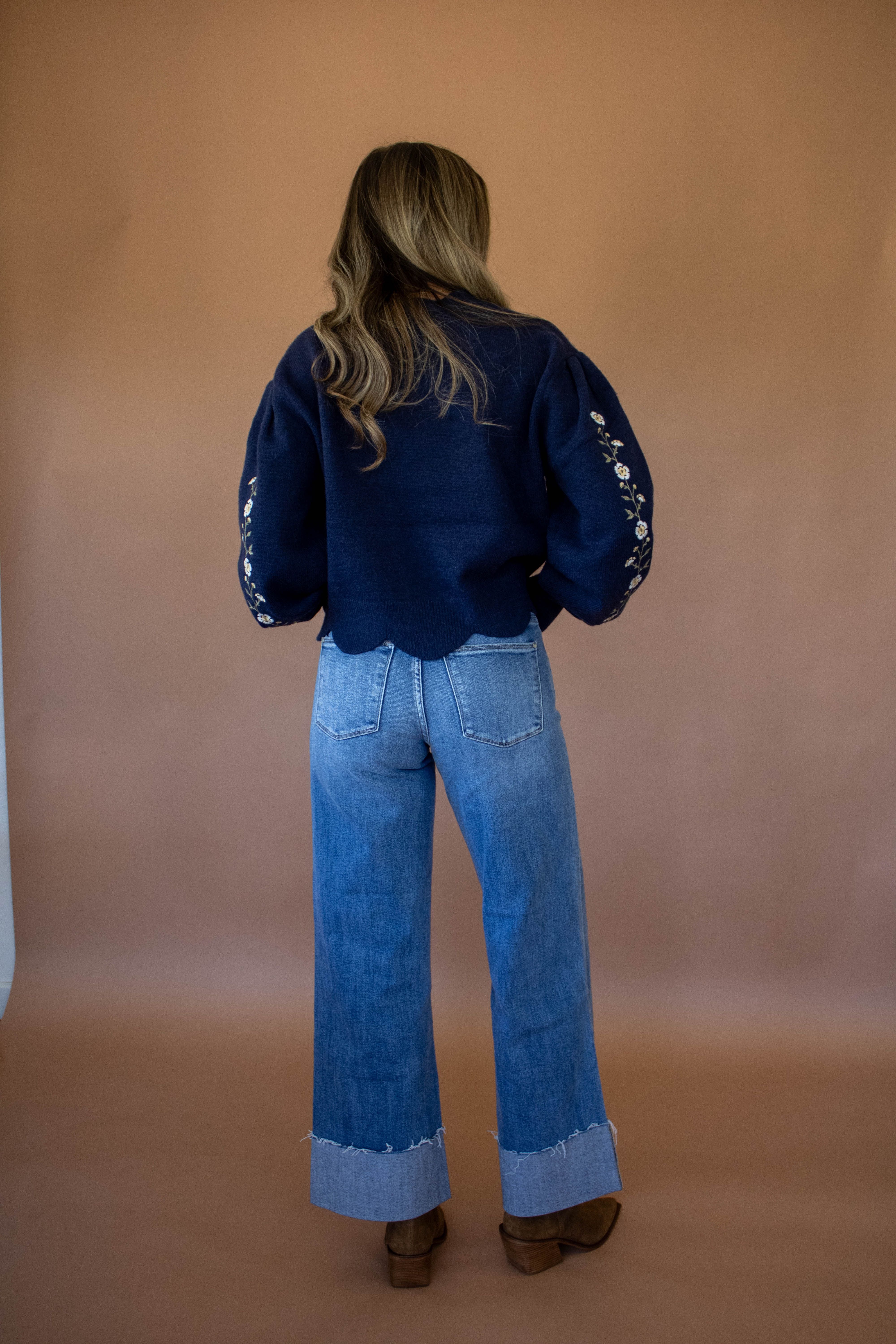 High Rise Stretch Wide Leg W/ Cuffed Hem Jeans by PETRA