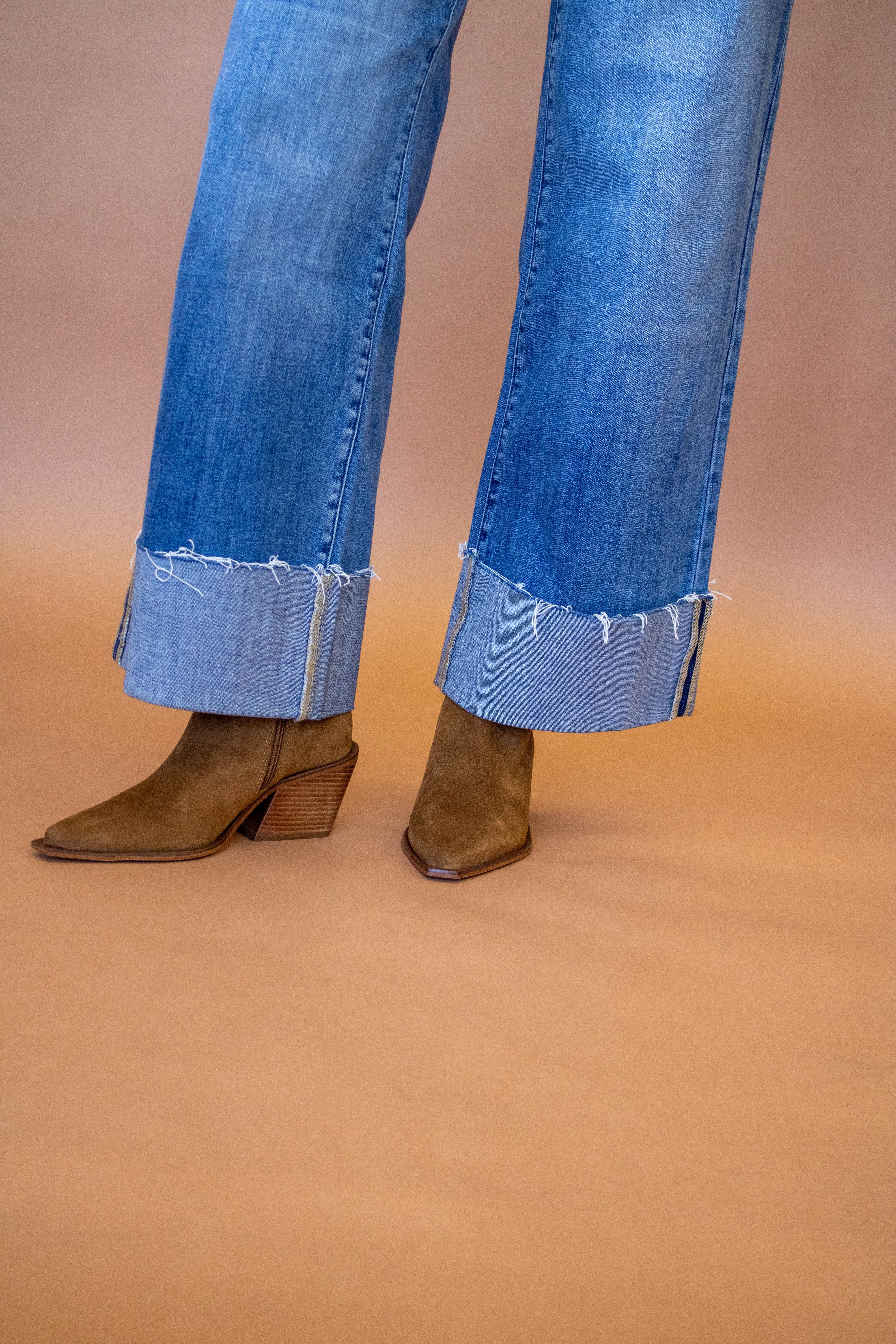 High Rise Stretch Wide Leg W/ Cuffed Hem Jeans by PETRA