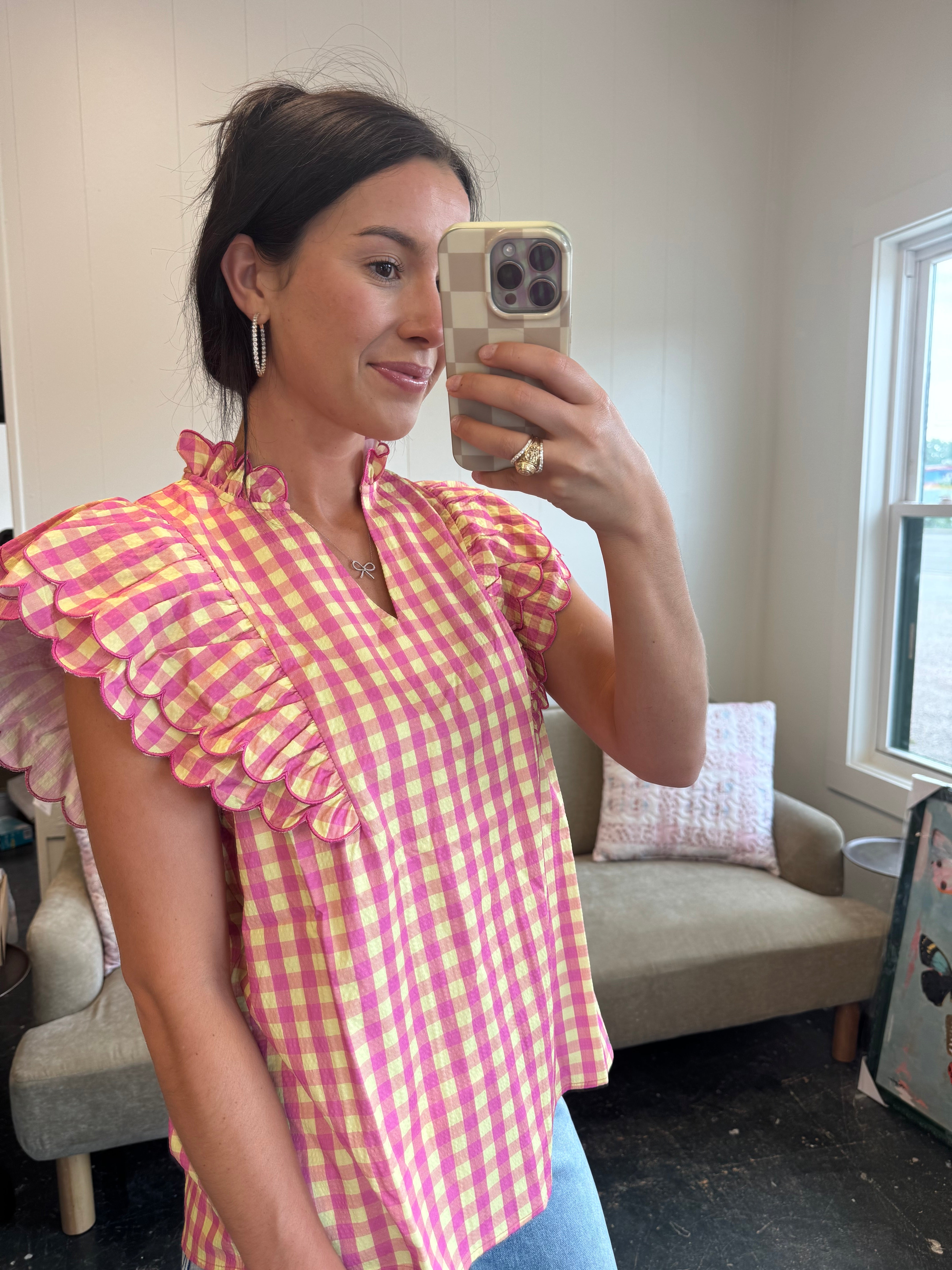 Gingham Scalloped Pink and Yellow Top