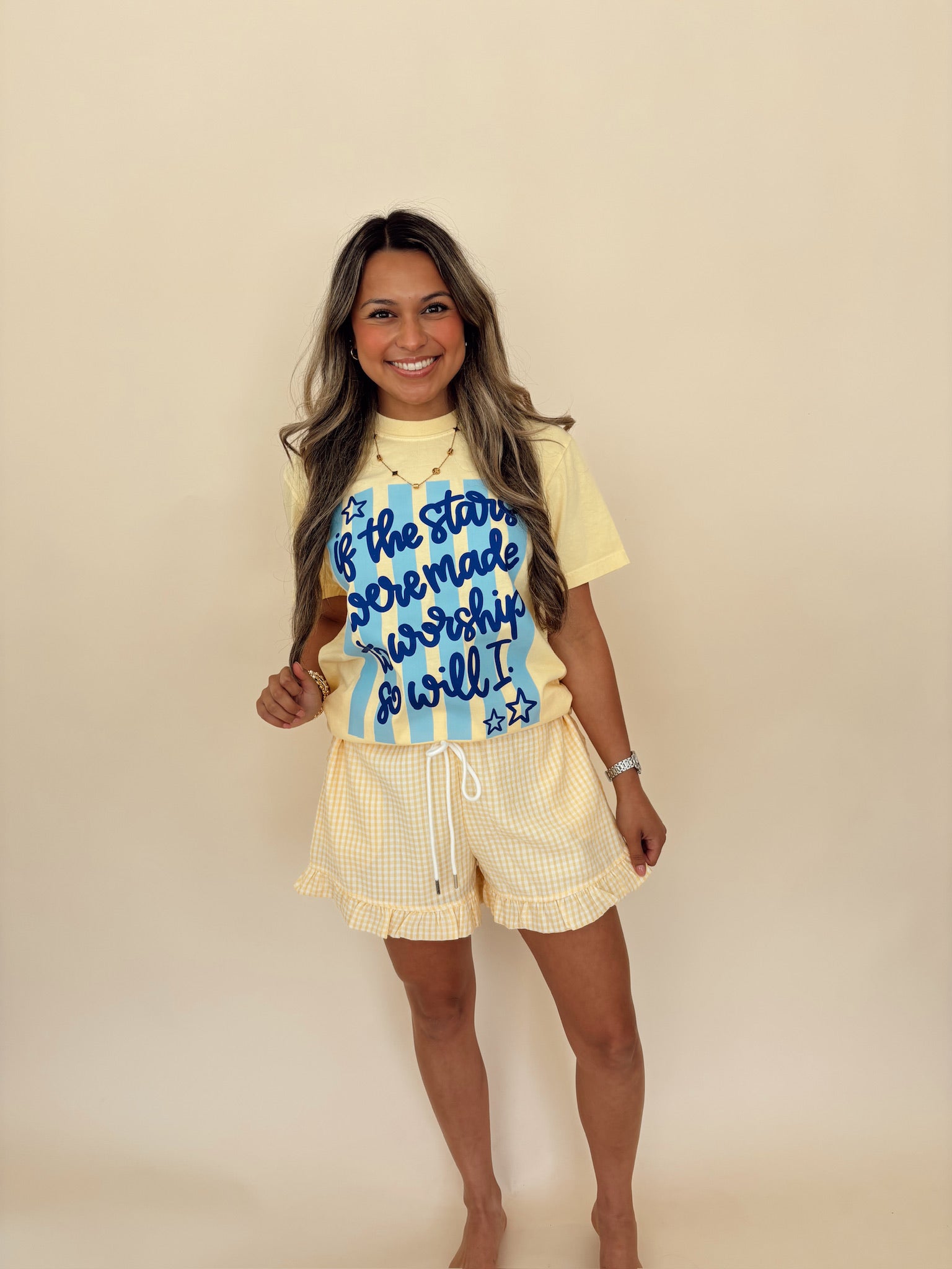 Yellow Gingham Ruffle Hem Shorts