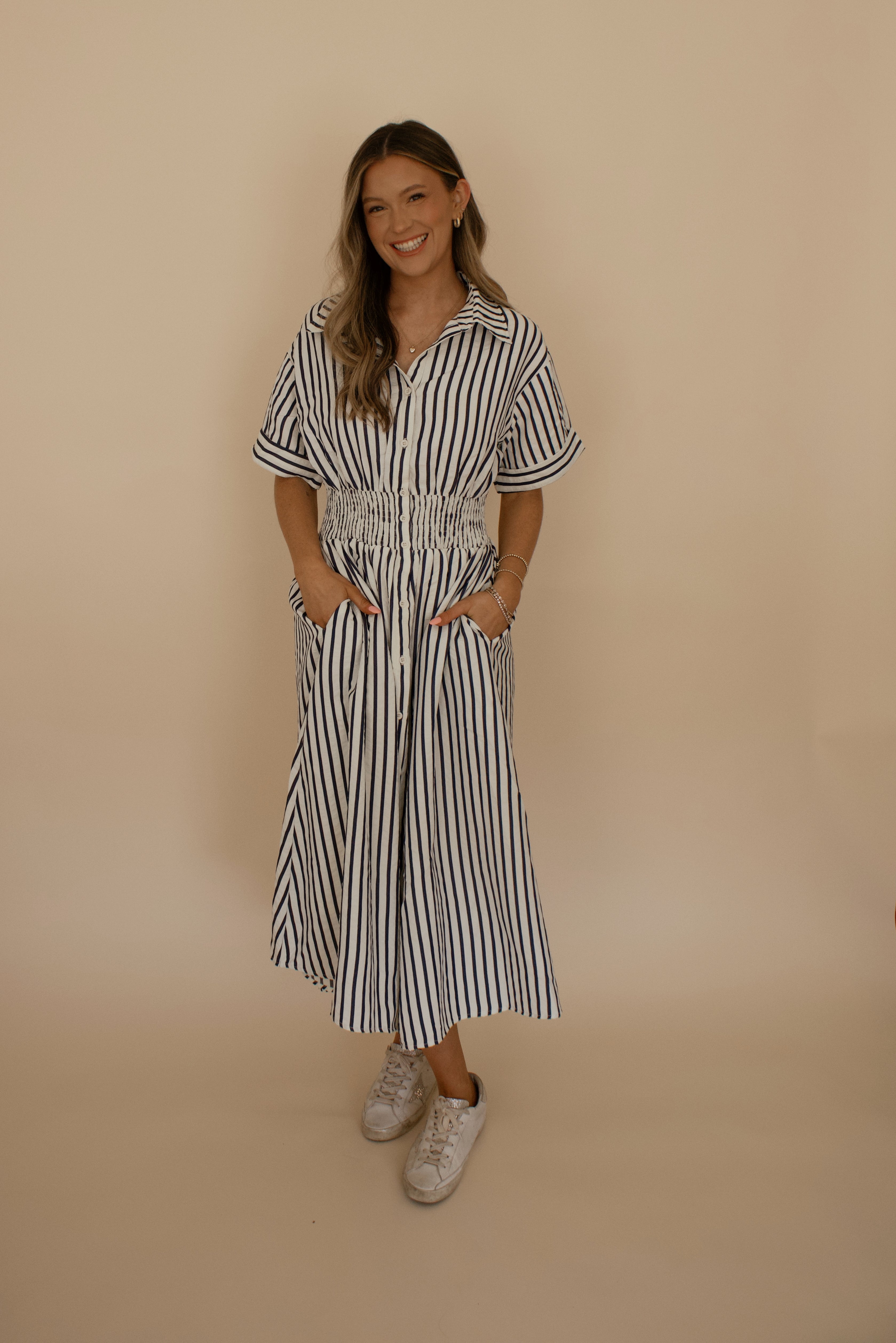 Navy Striped Midi Dress