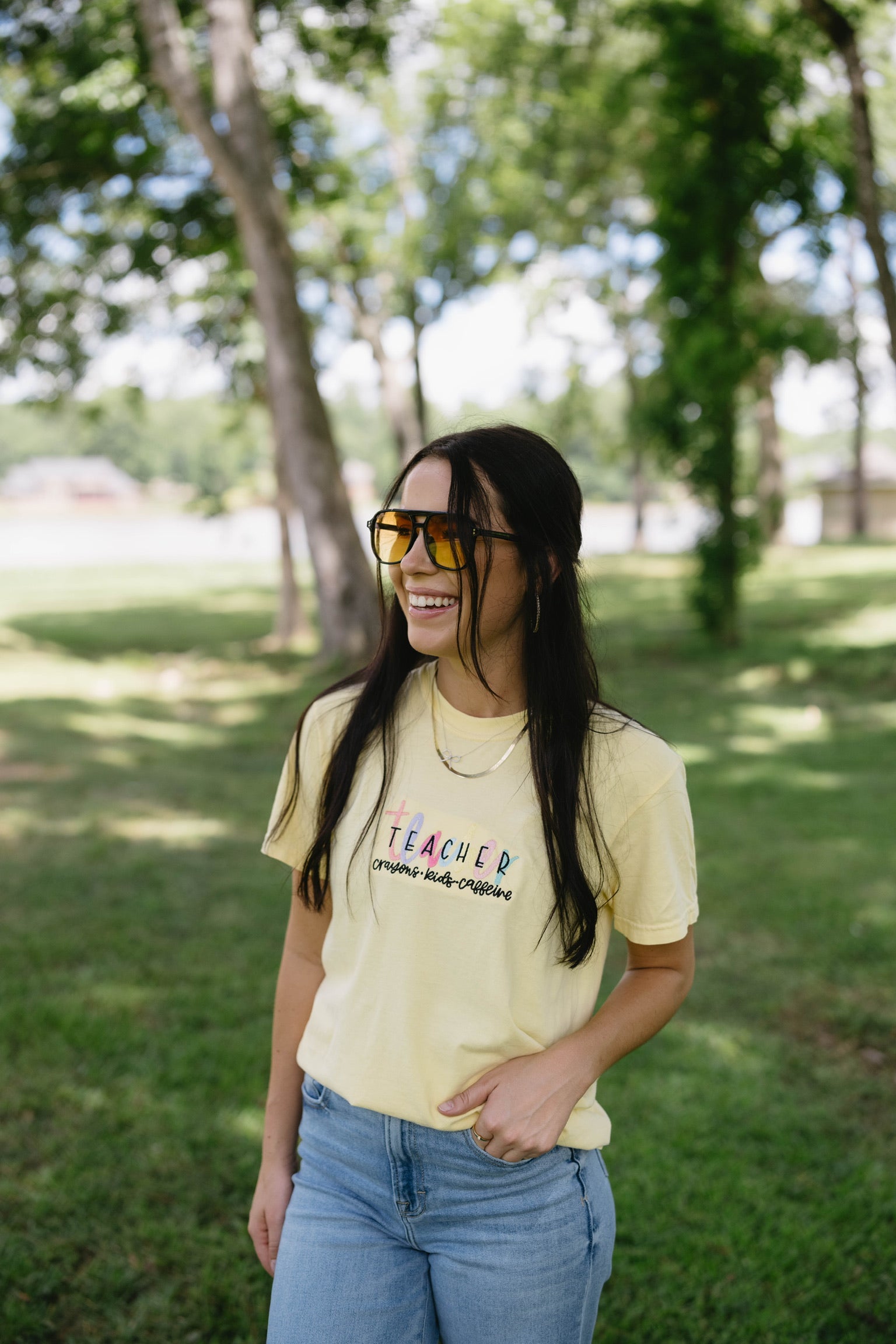 Teacher: Crayons, Kids, Caffeine embroidered tee