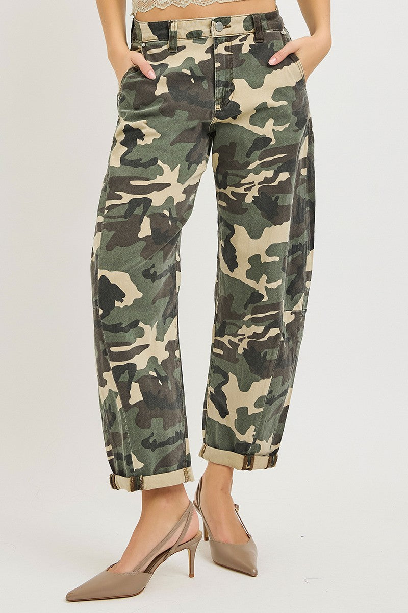 High Rise Ankle Barrel Double Roll Up Pants in Camo by Risen