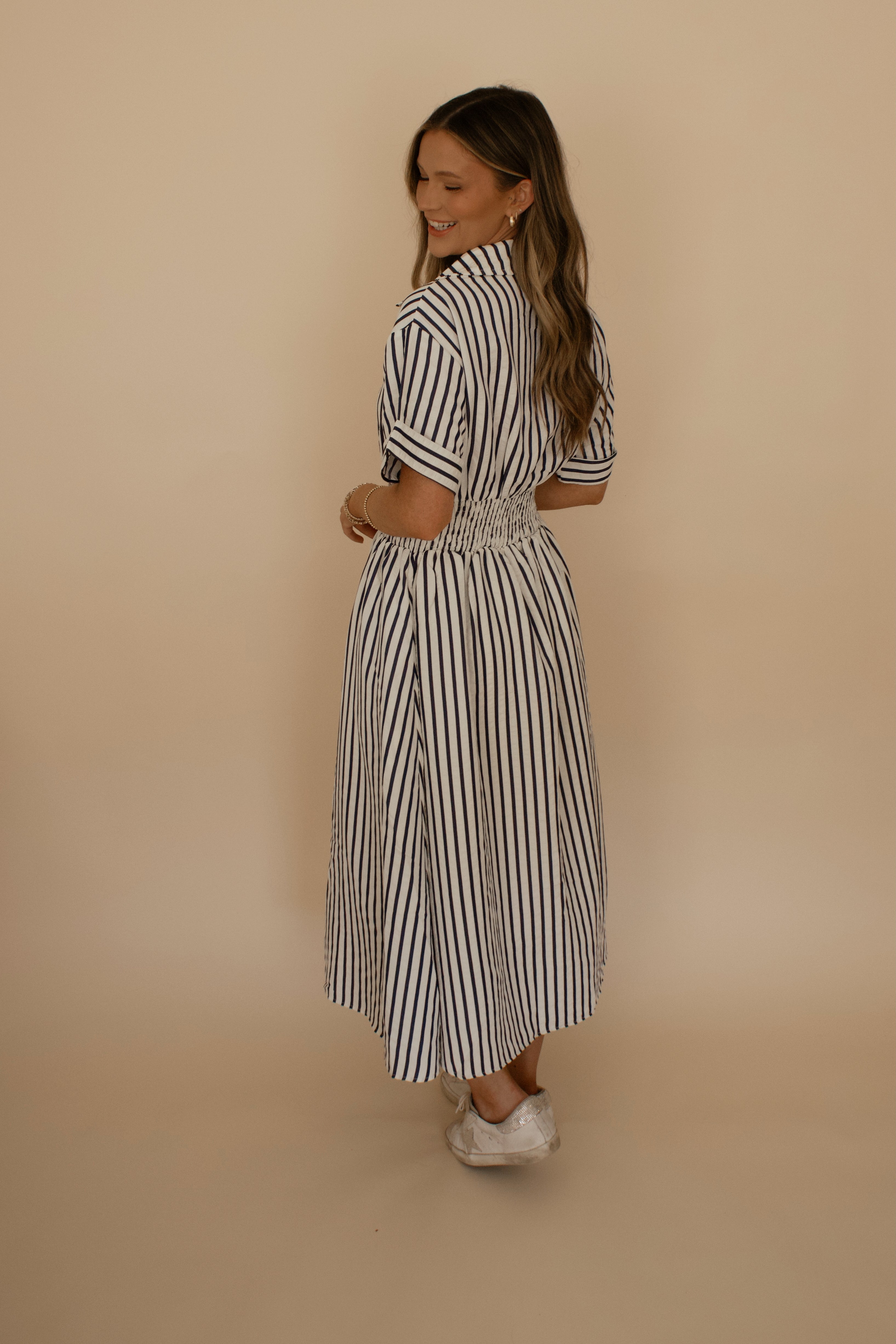 Navy Striped Midi Dress