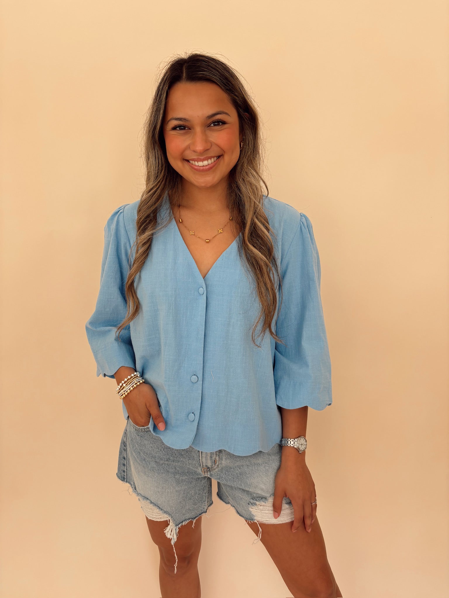 Scallop Half Sleeve Button-down Blouse