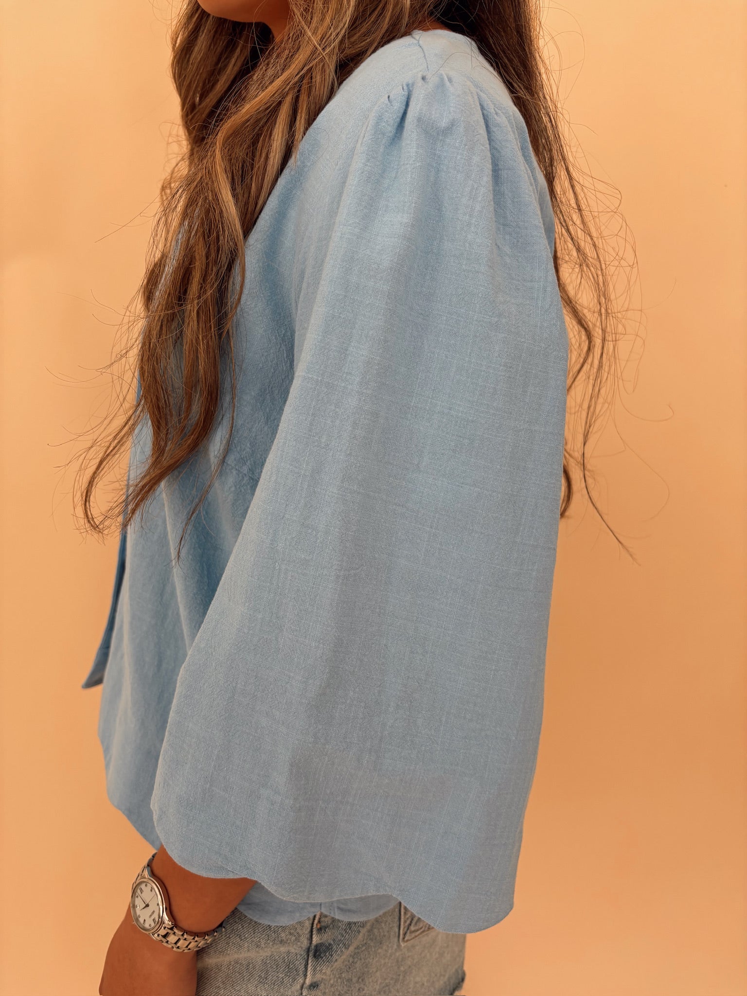 Scallop Half Sleeve Button-down Blouse