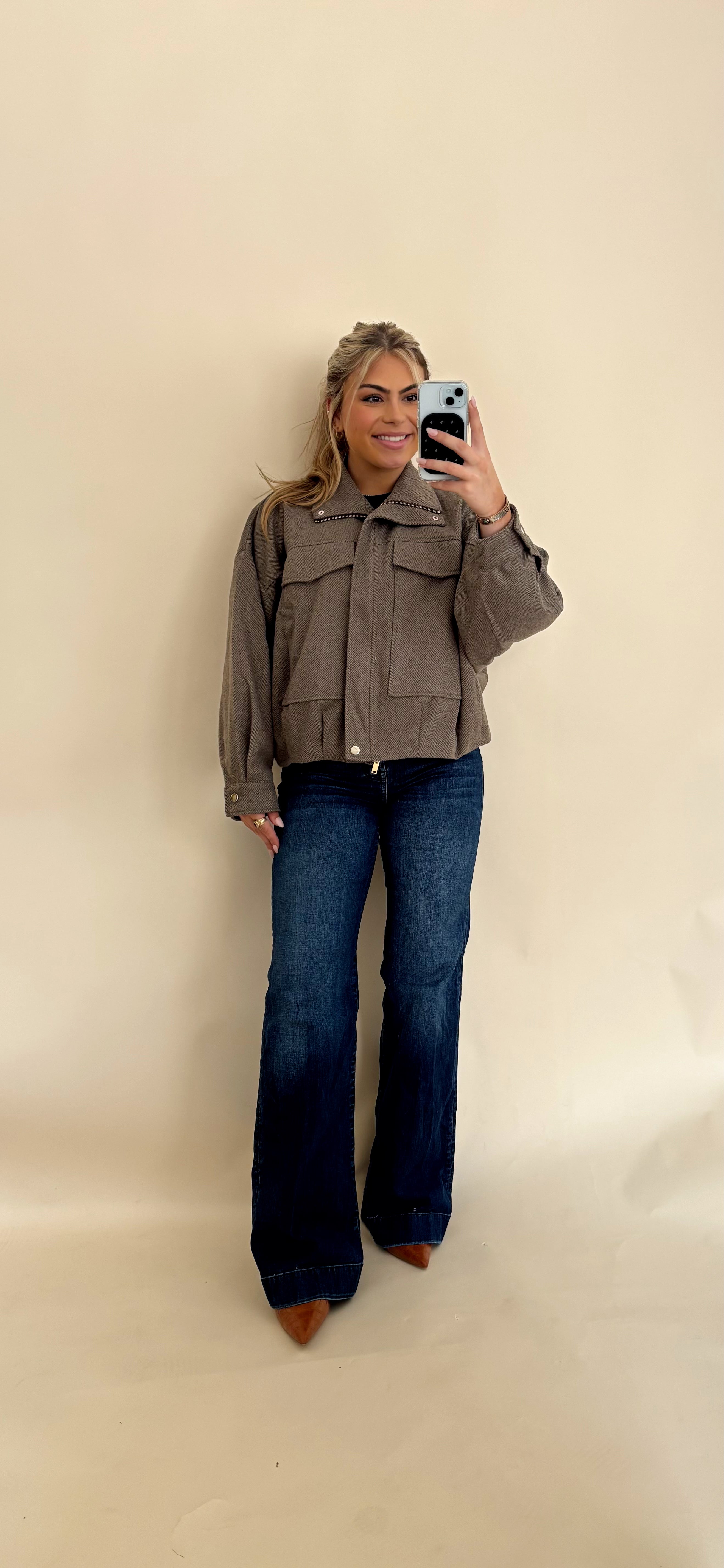 Mocha Herringbone Twill Bomber Jacket