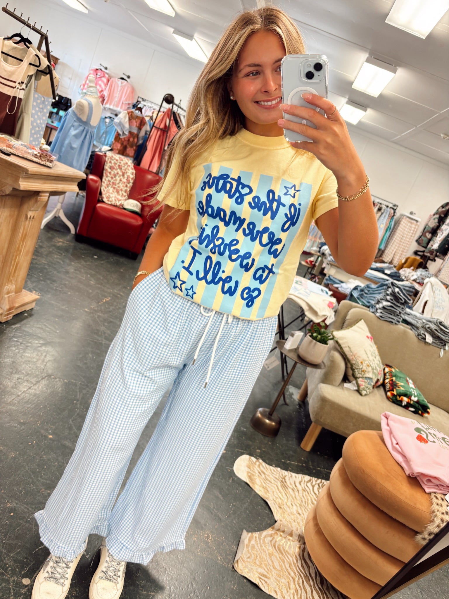 Gingham Ruffle Hemmed Pants in Blue
