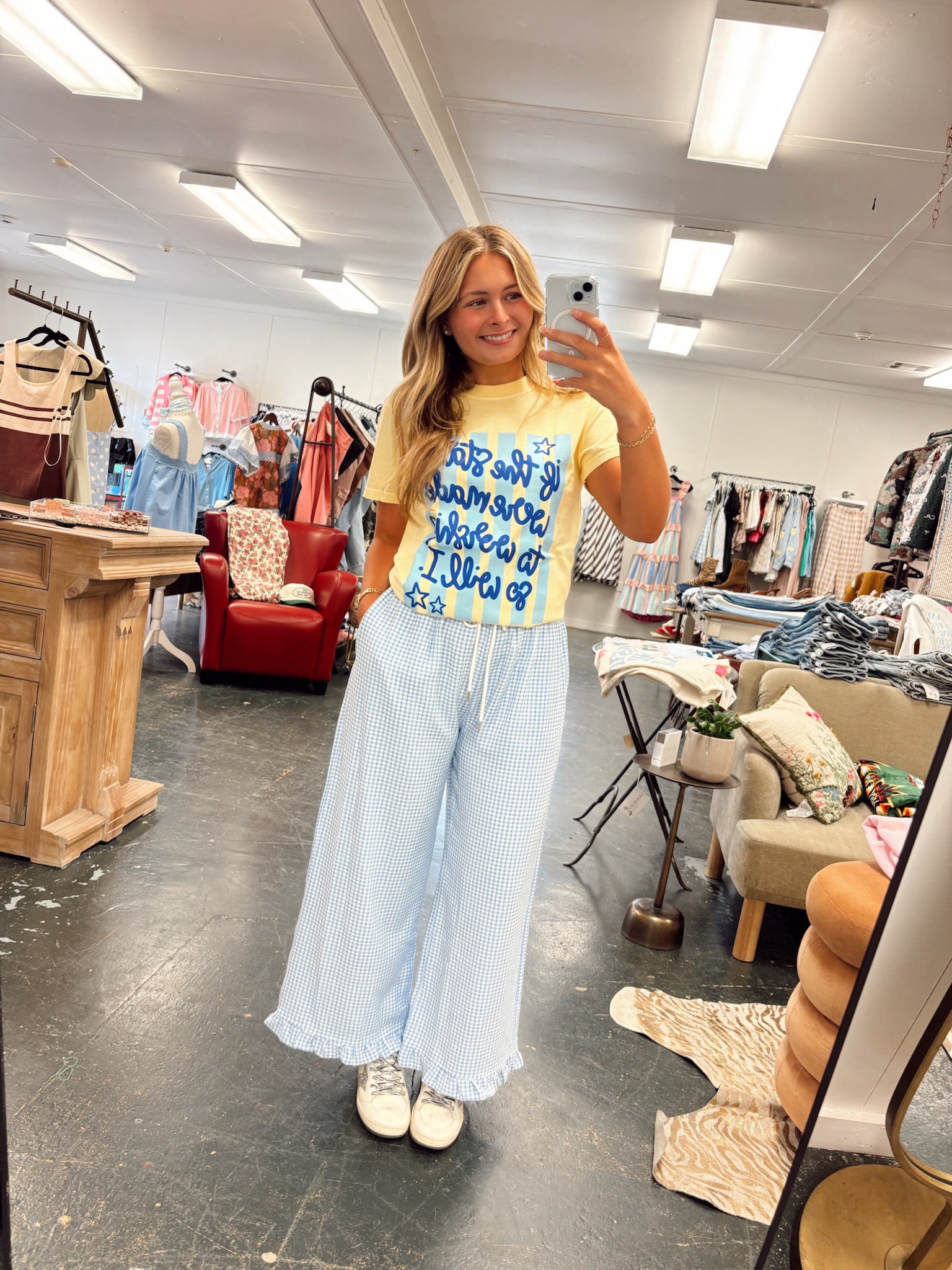 Gingham Ruffle Hemmed Pants in Blue