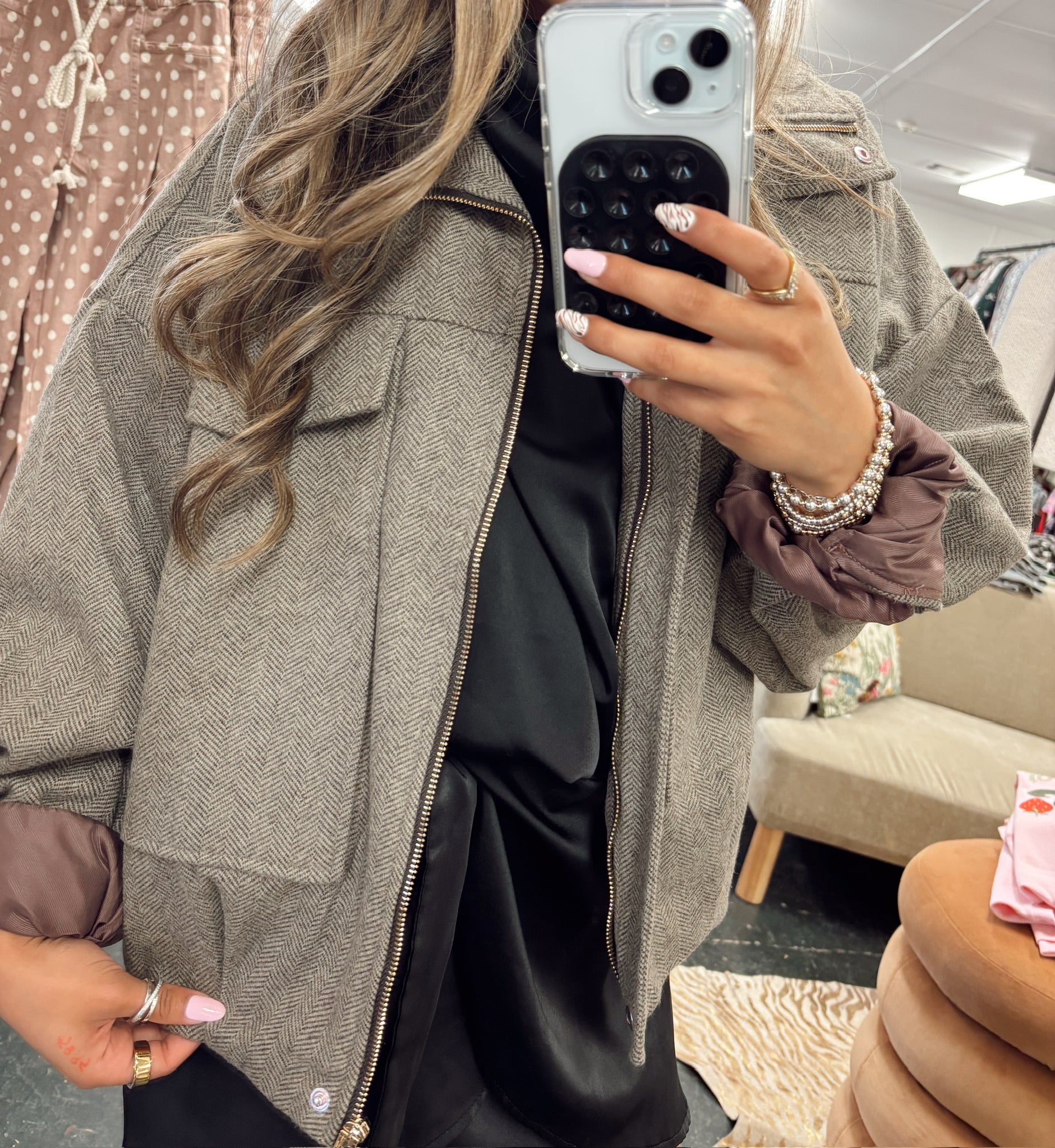 Mocha Herringbone Twill Bomber Jacket