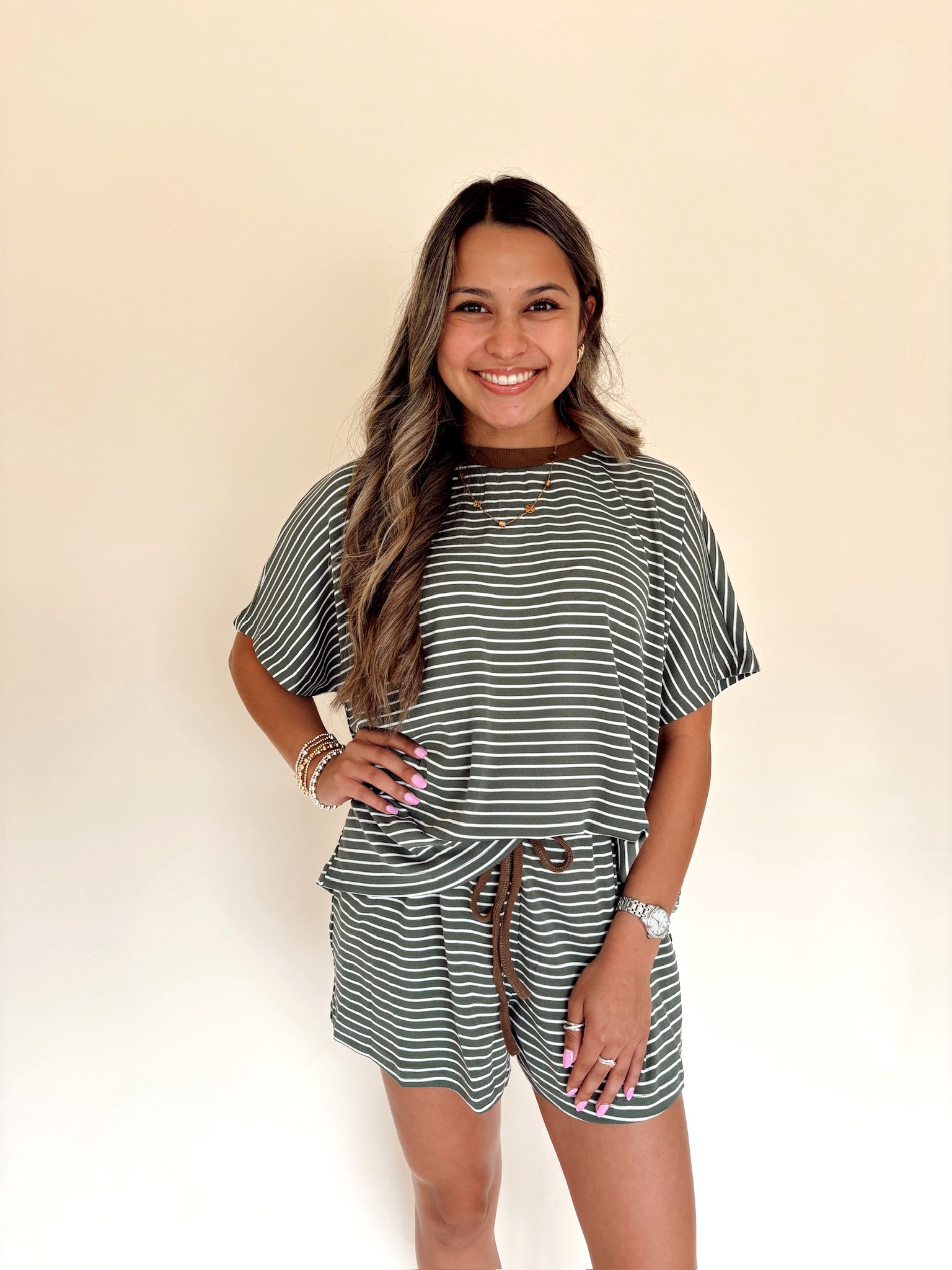 Soft Olive & Brown Shorts Set