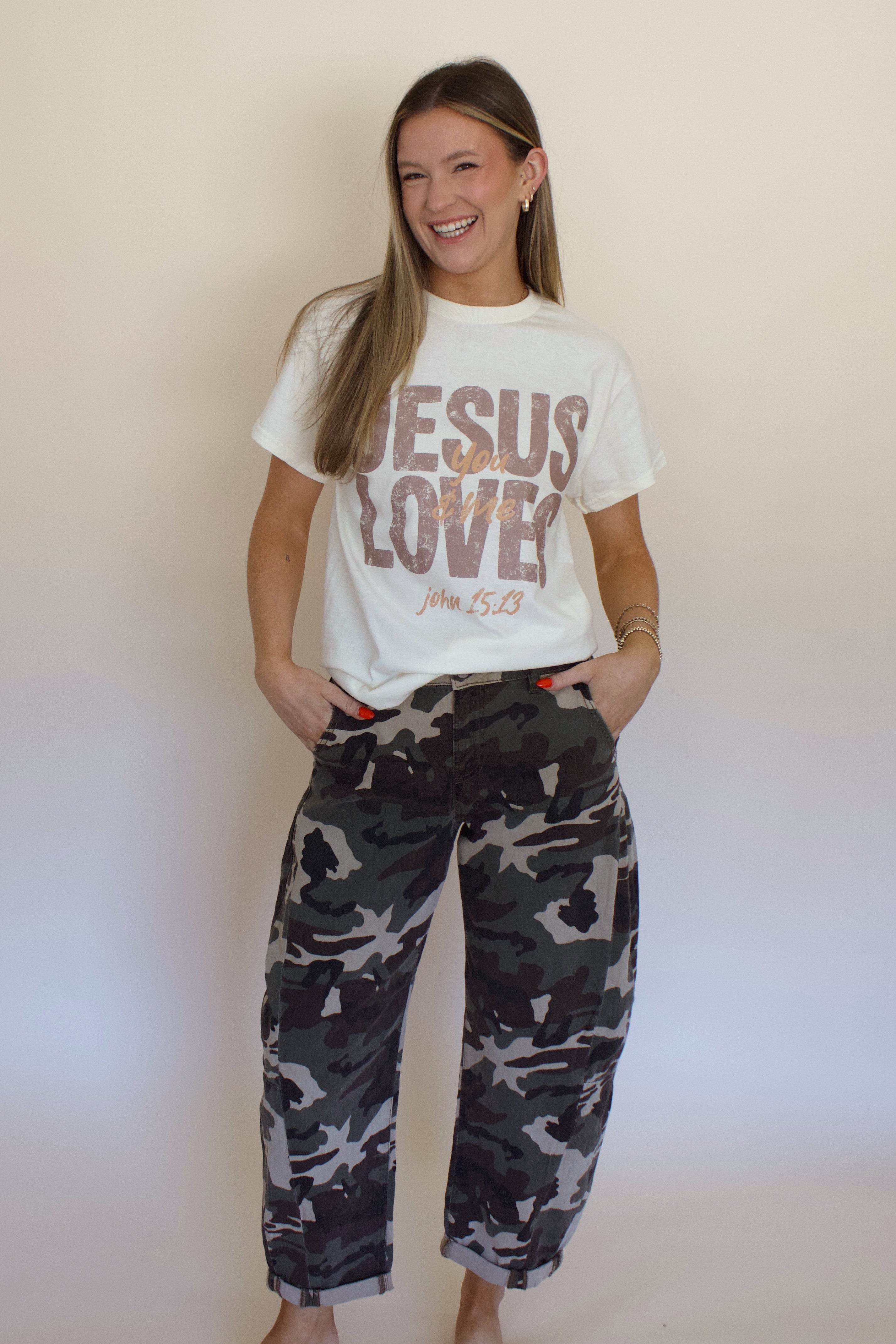 High Rise Ankle Barrel Double Roll Up Pants in Camo by Risen