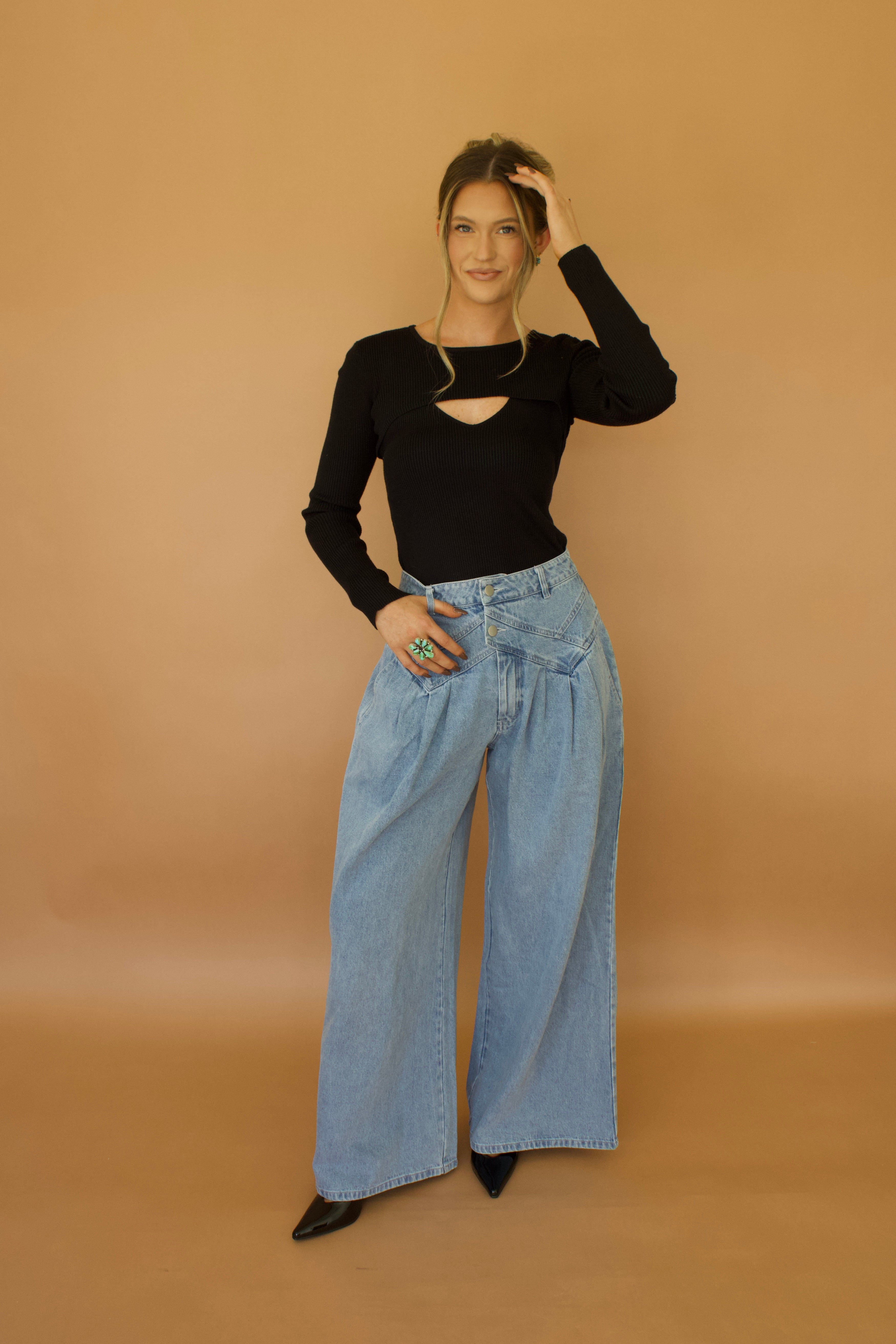 High Waist Pintuck Wide Leg Jeans