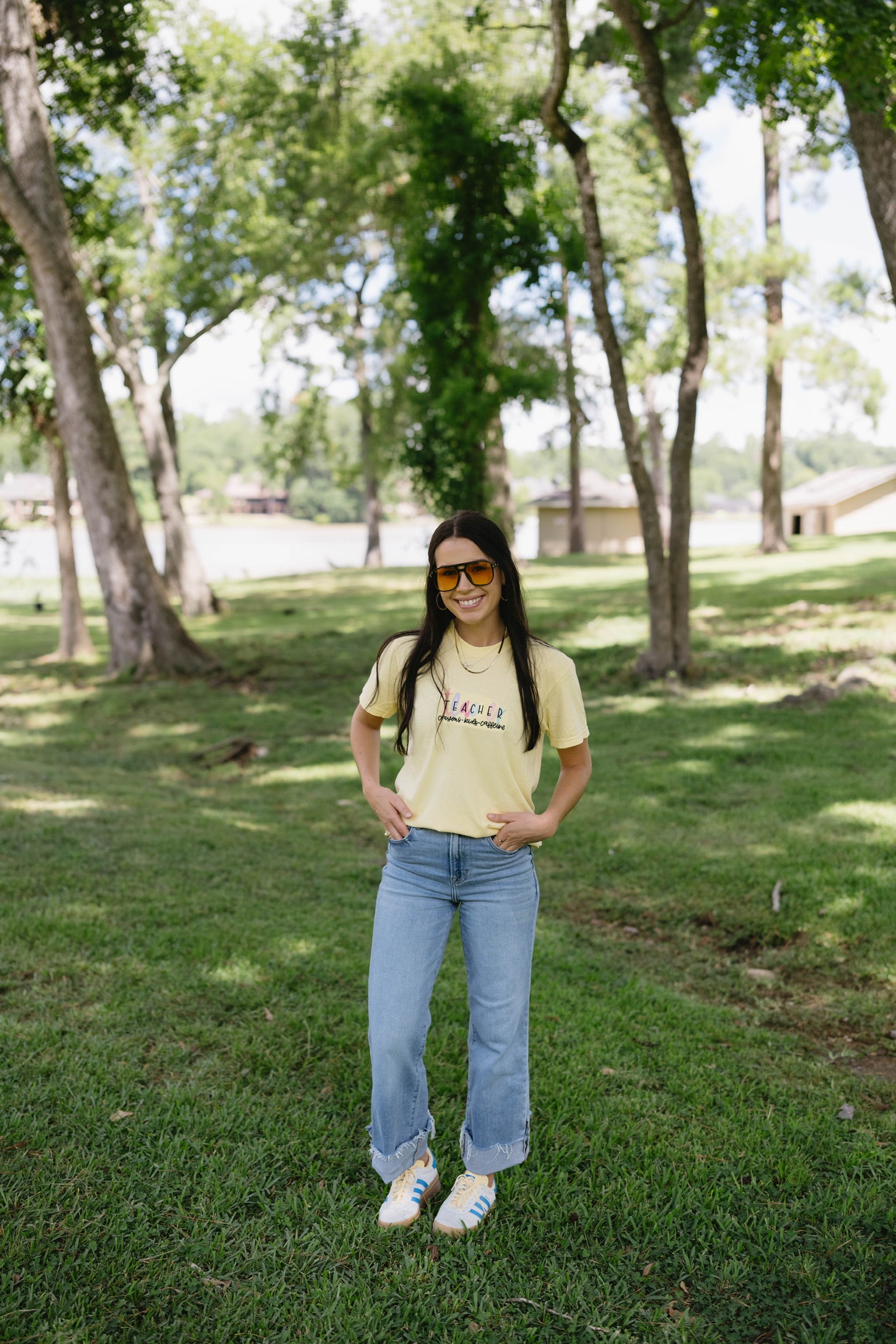 Teacher: Crayons, Kids, Caffeine embroidered tee