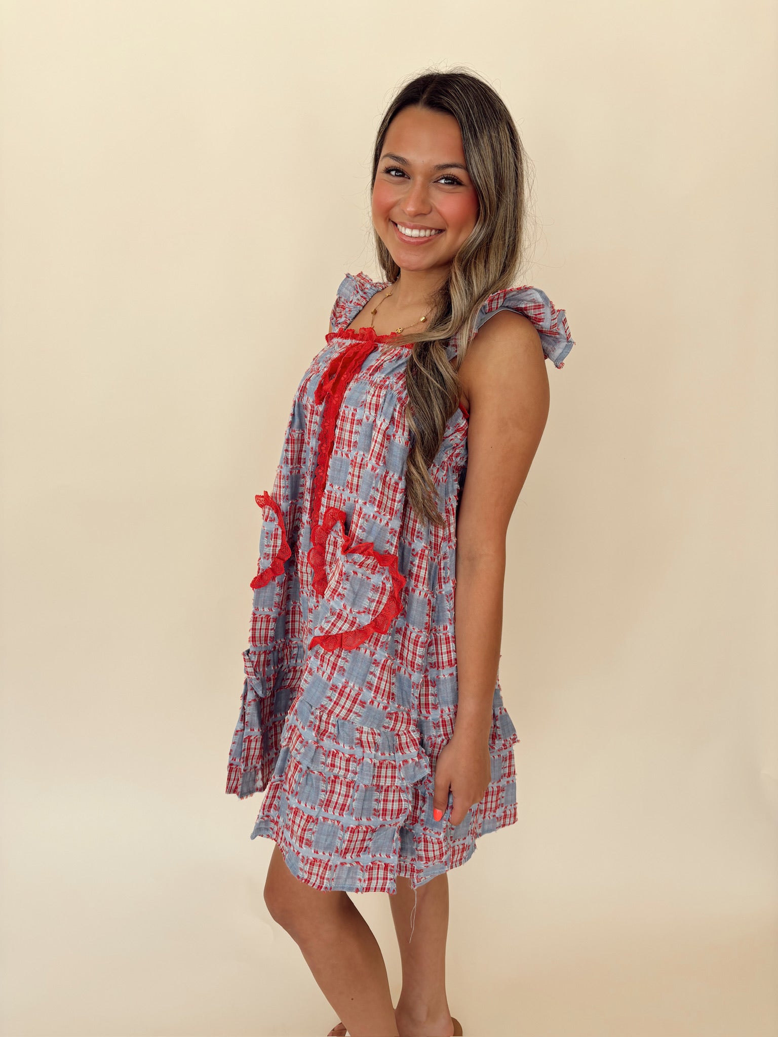 Red and Blue Patchwork Mini Dress