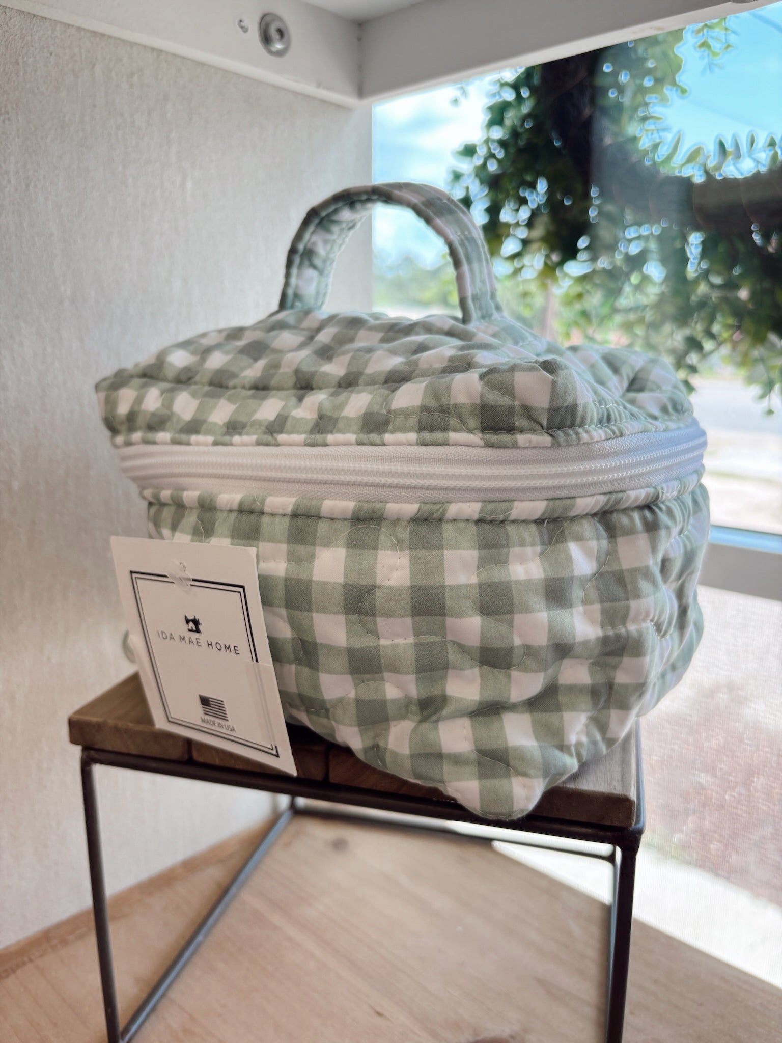 Anthia Gingham Sage Quilted Travel Case