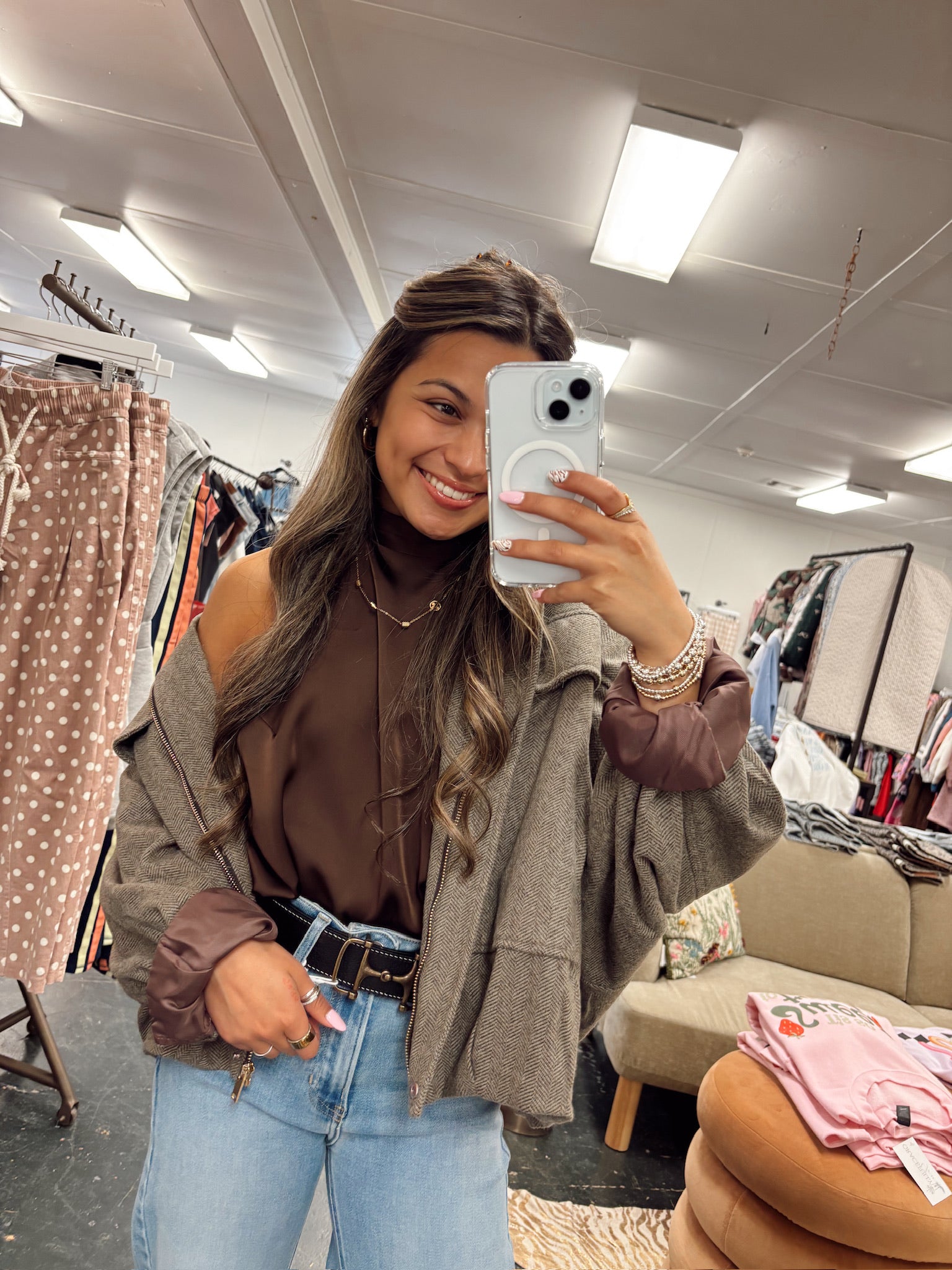 Mocha Herringbone Twill Bomber Jacket