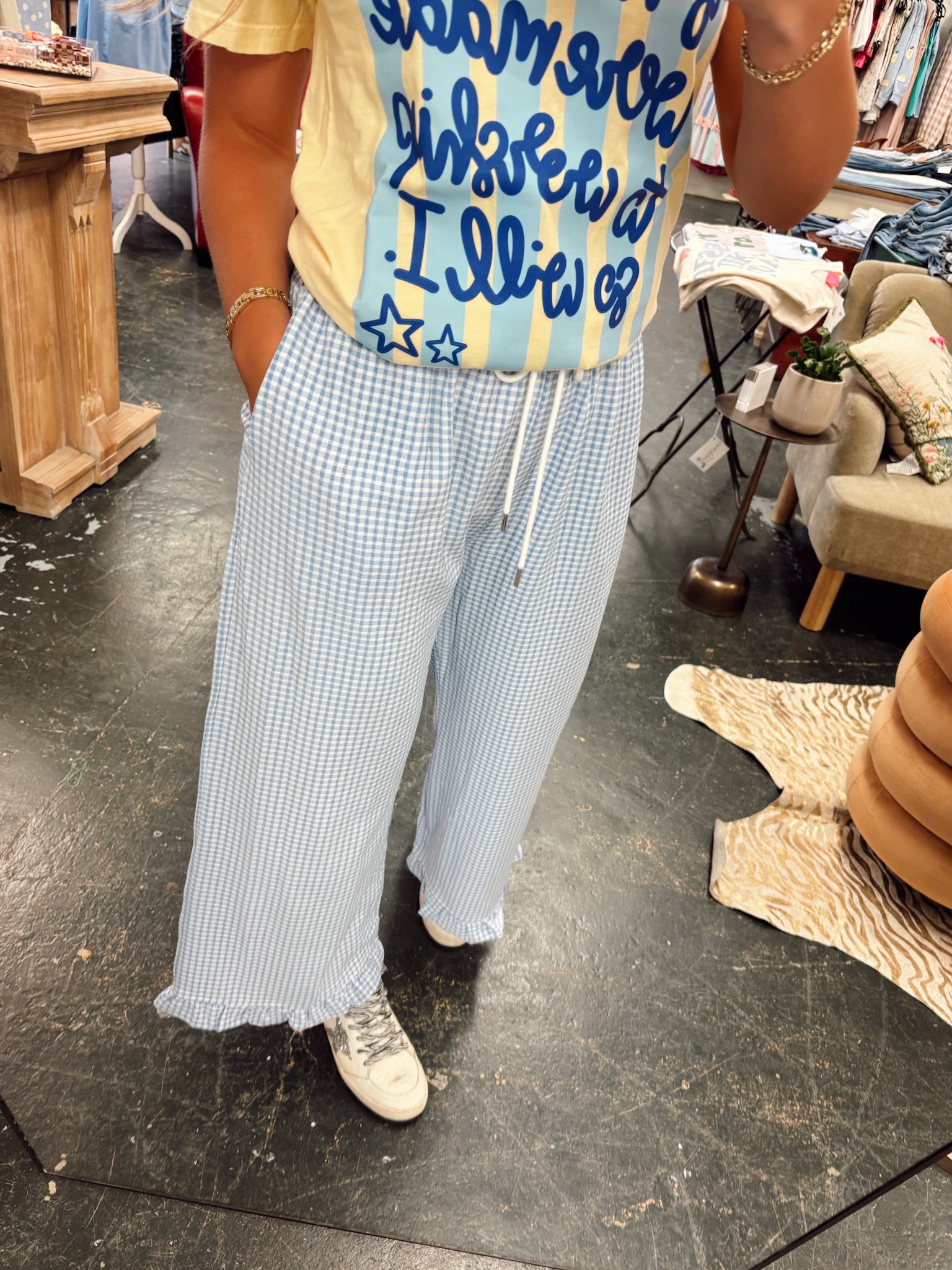 Gingham Ruffle Hemmed Pants in Blue