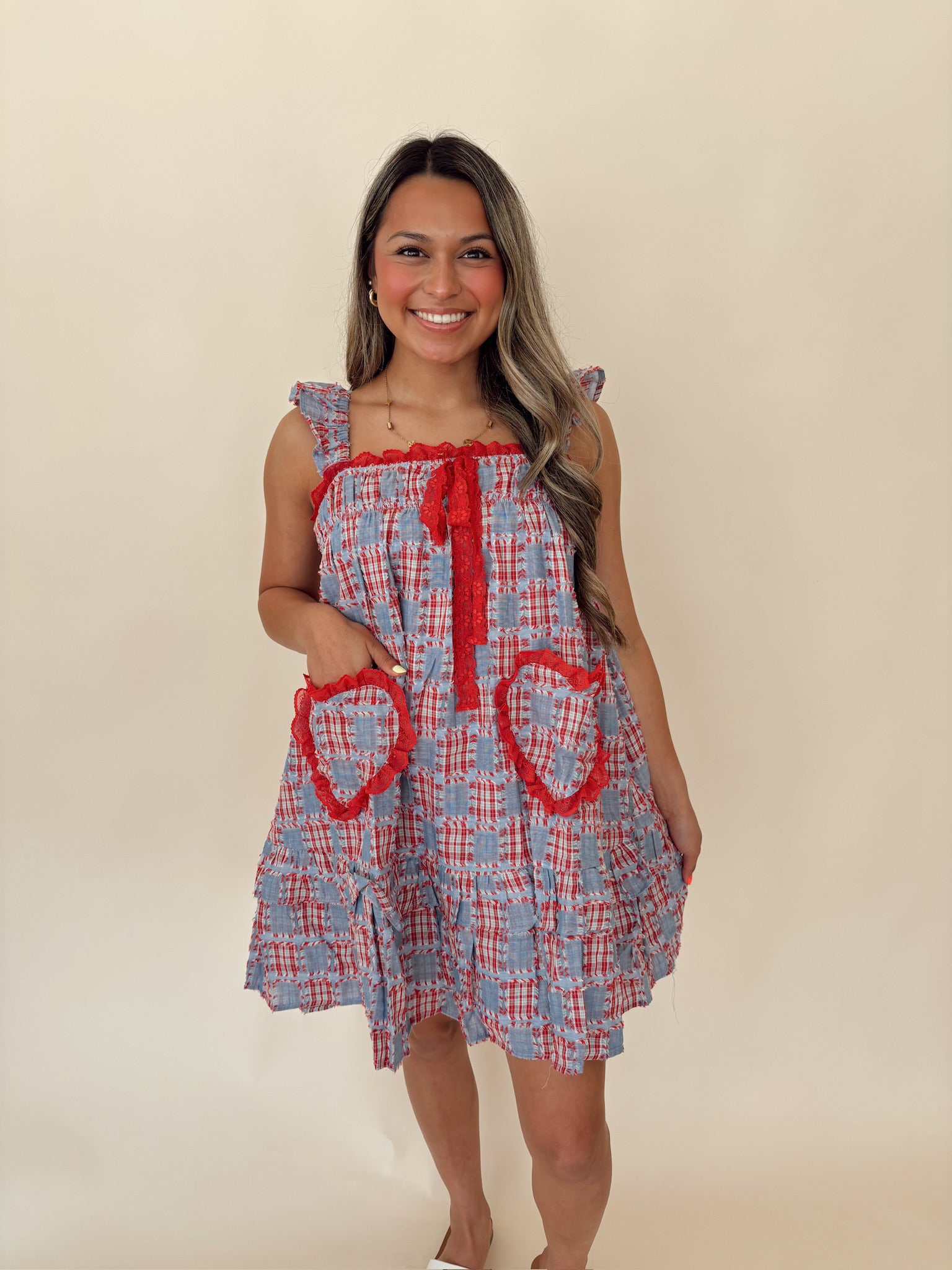Red and Blue Patchwork Mini Dress