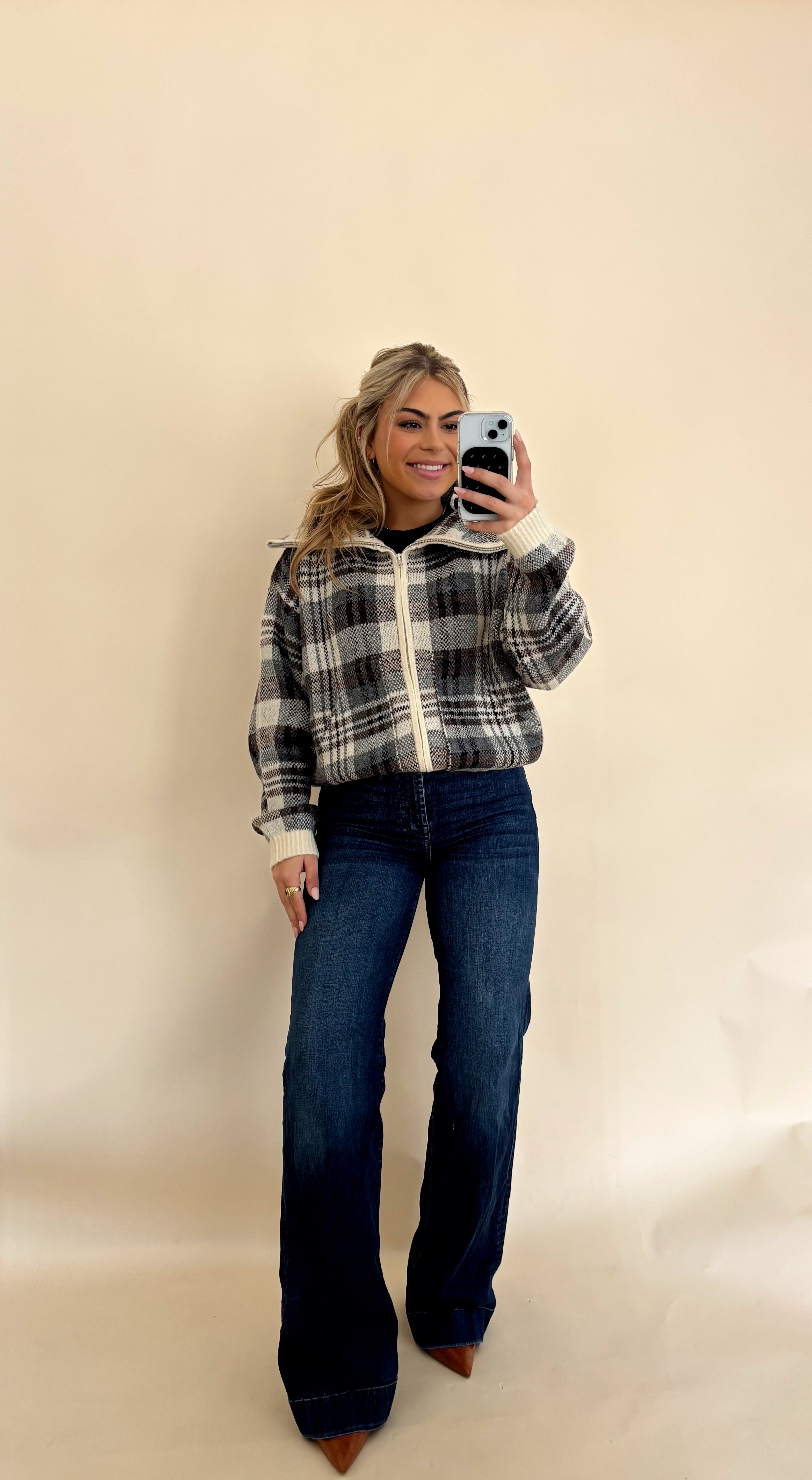Expresso Plaid Zip Up Sweater