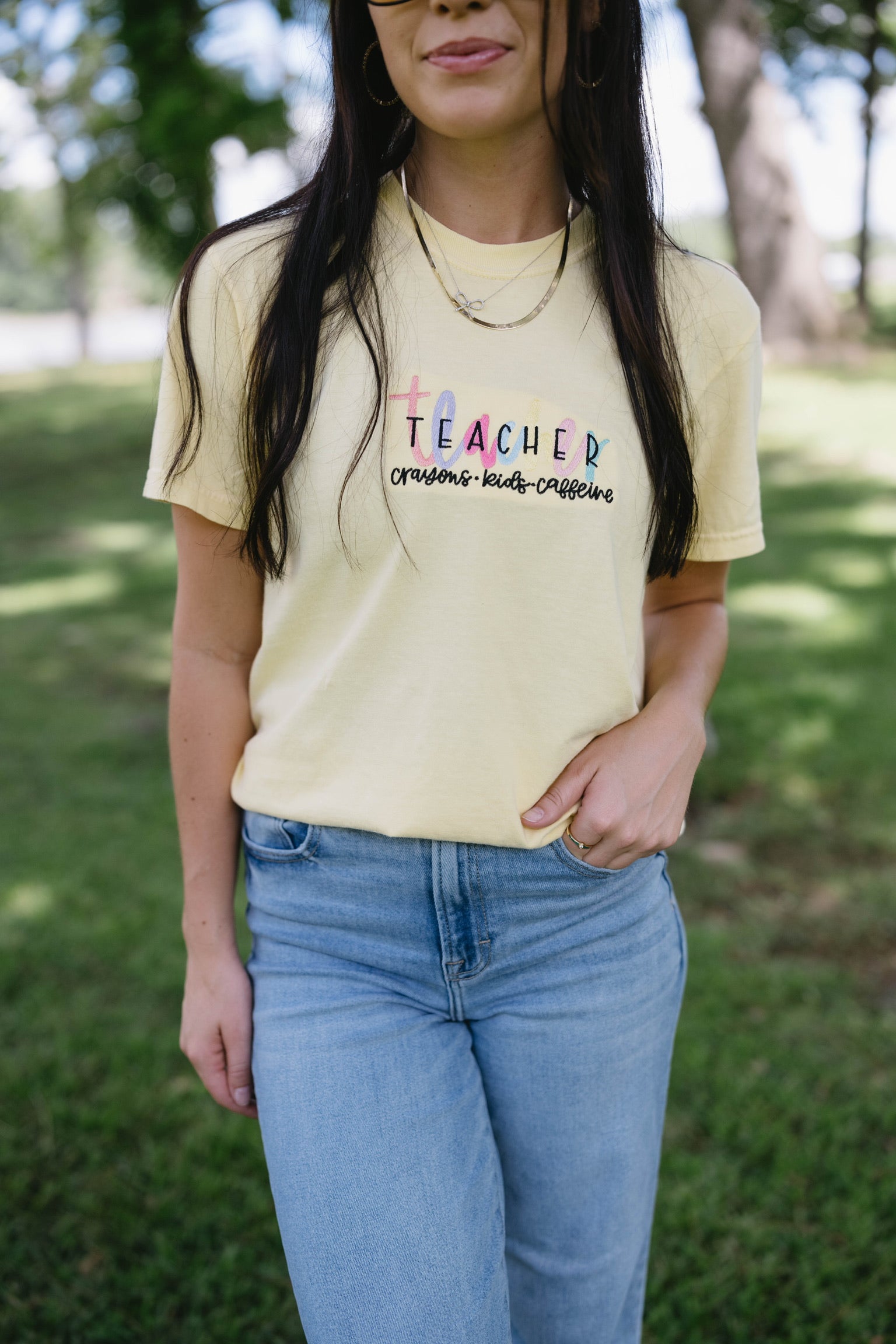 Teacher: Crayons, Kids, Caffeine embroidered tee