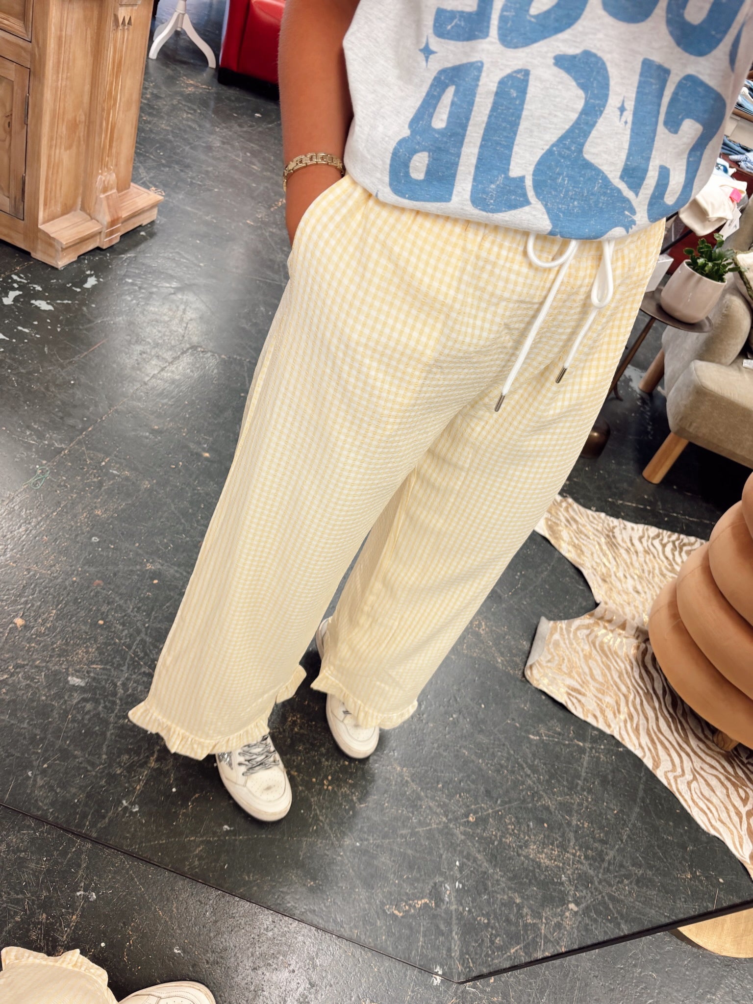 Gingham Ruffle Hemmed Pants in Yellow