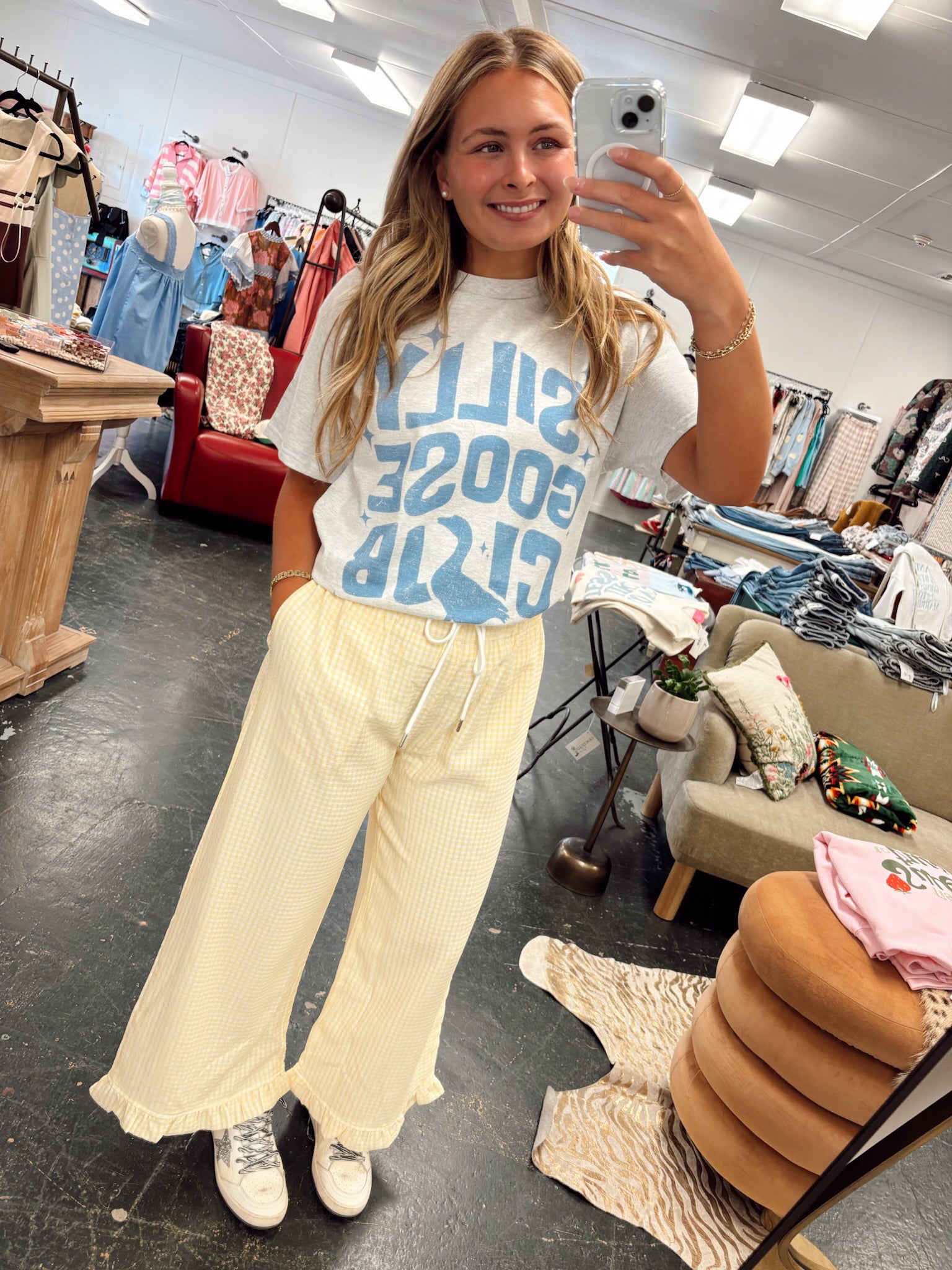 Gingham Ruffle Hemmed Pants in Yellow