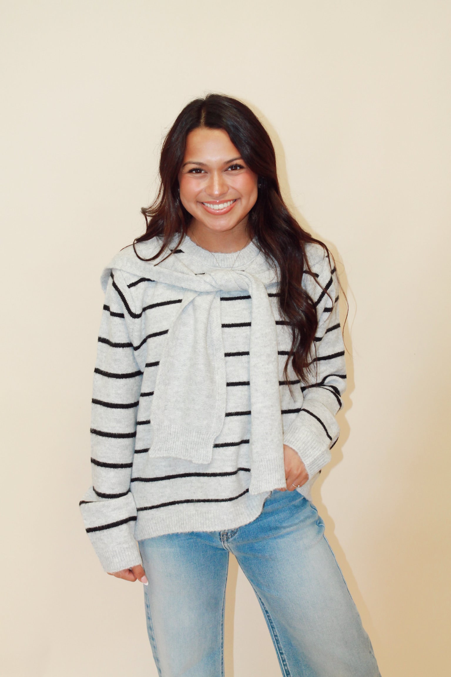 Stripe Knitted Top with Scarf