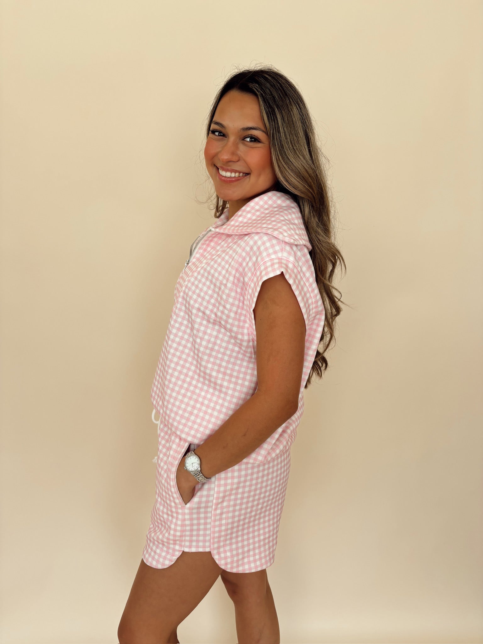 Pink Gingham Shorts Set
