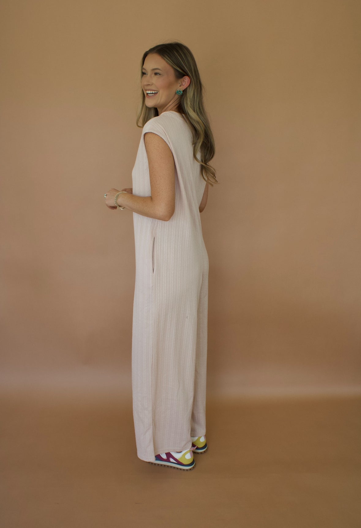 Textured Buttoned Wide Leg Sleeveless Jumpsuit