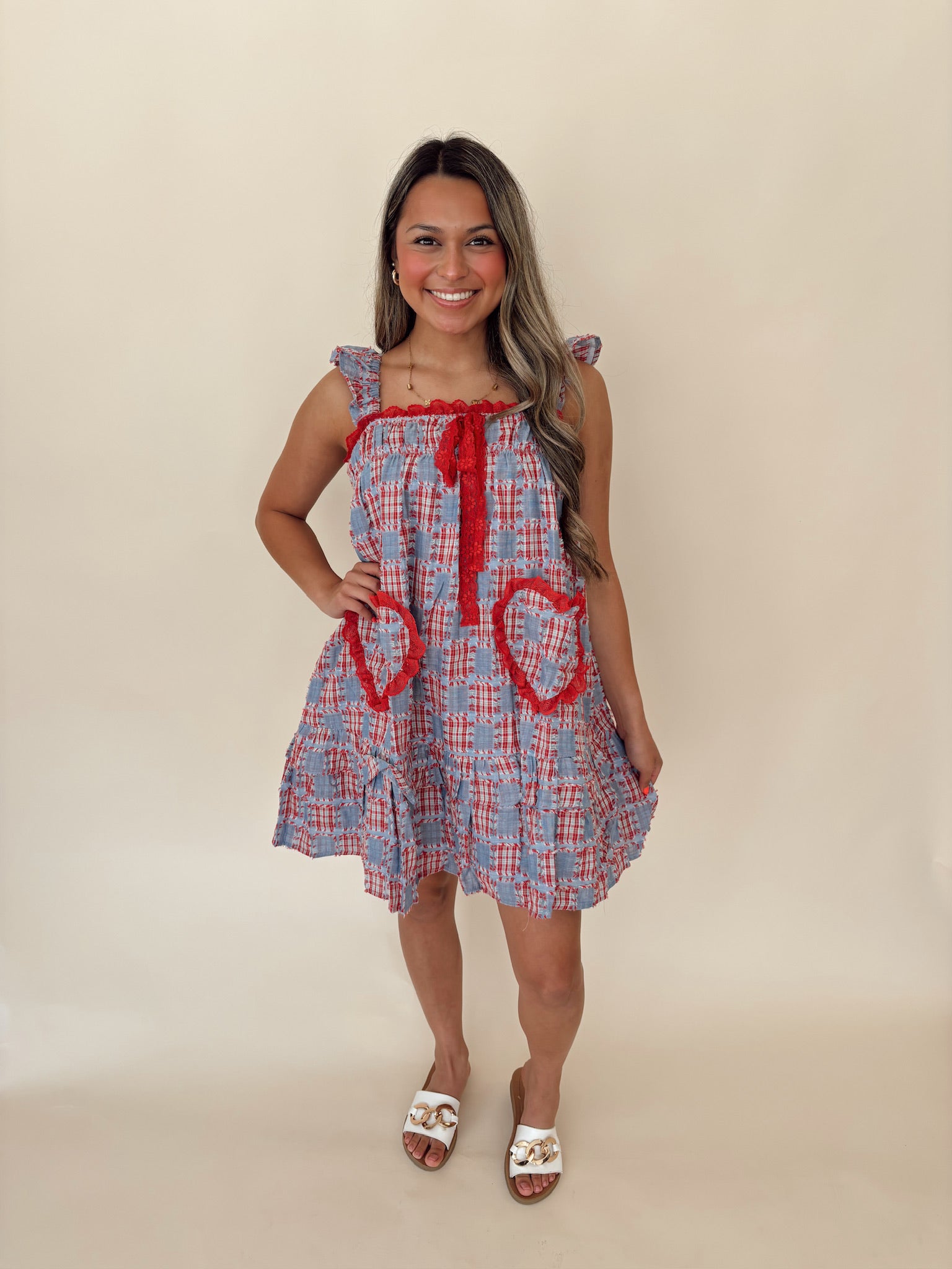 Red and Blue Patchwork Mini Dress