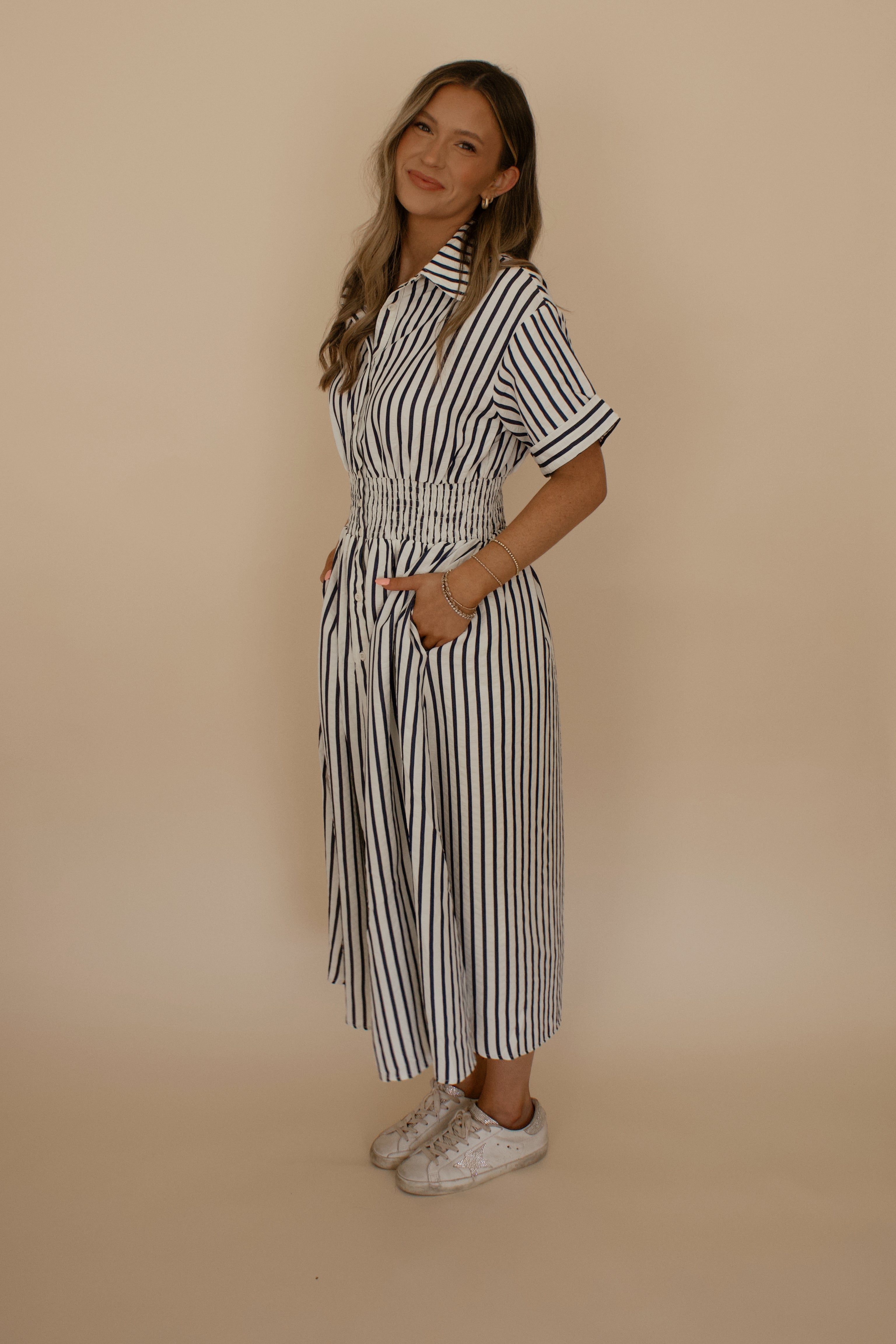 Navy Striped Midi Dress
