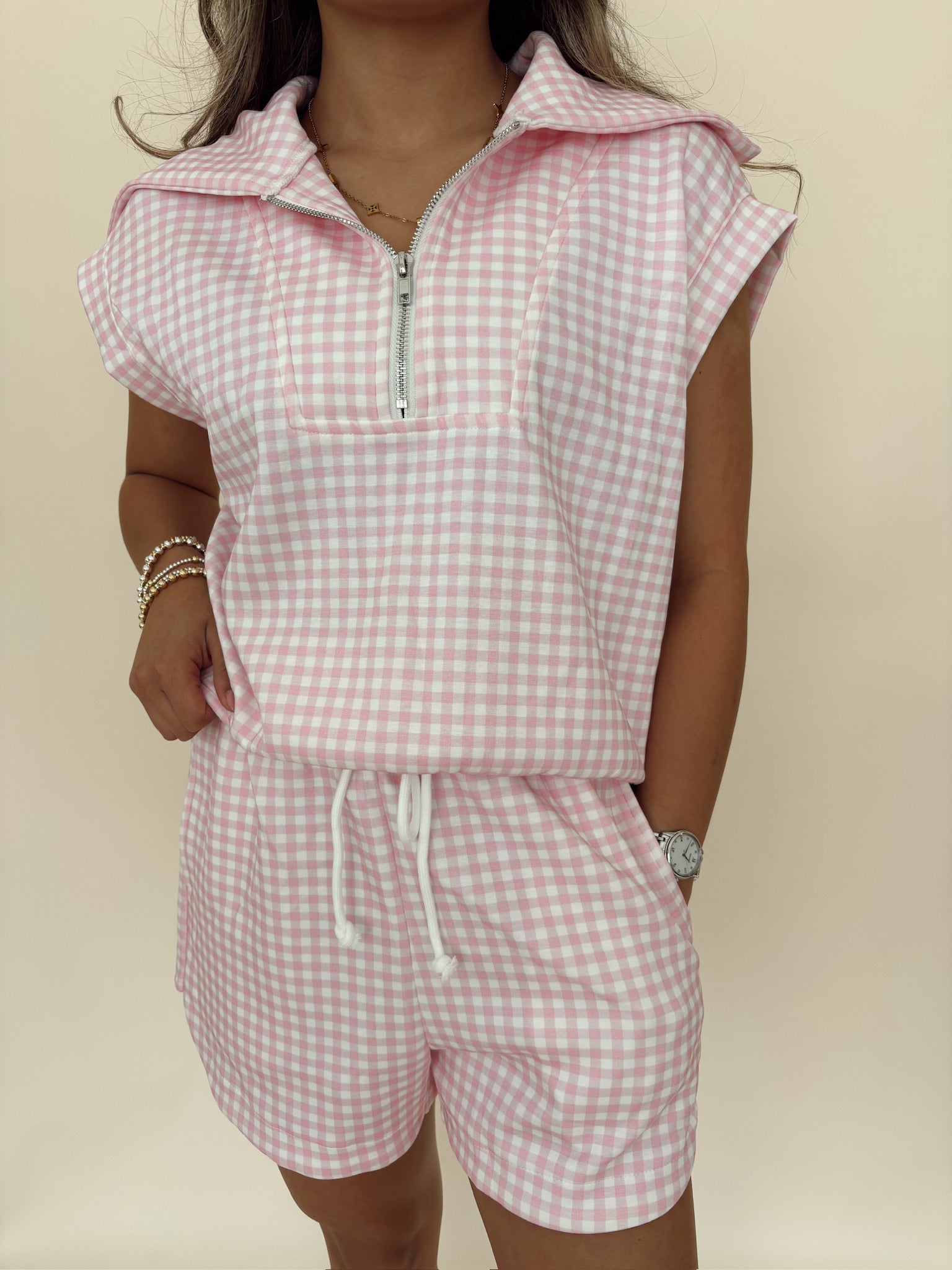 Pink Gingham Shorts Set