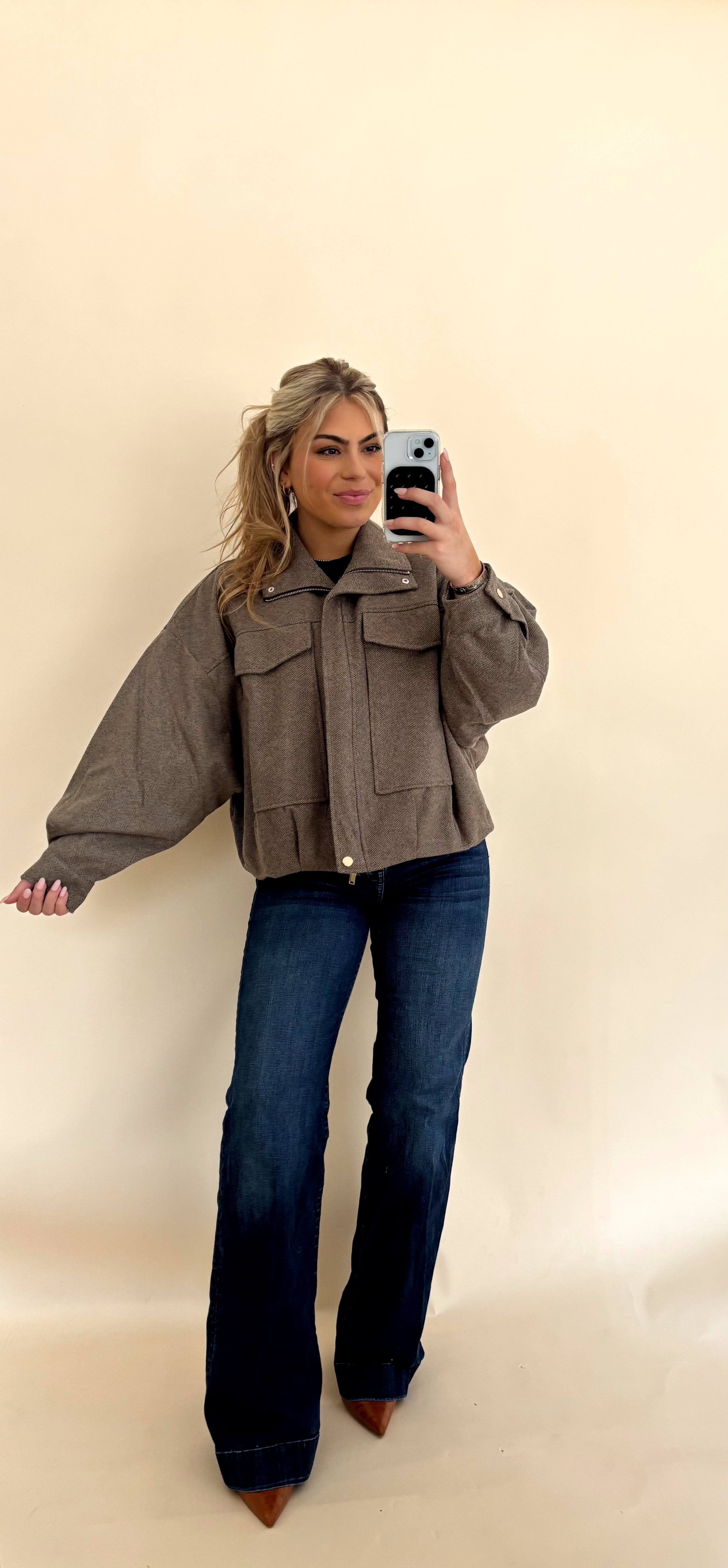 Mocha Herringbone Twill Bomber Jacket