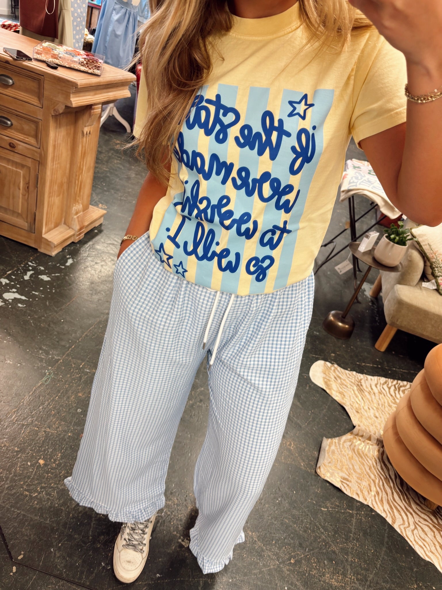 Gingham Ruffle Hemmed Pants in Blue