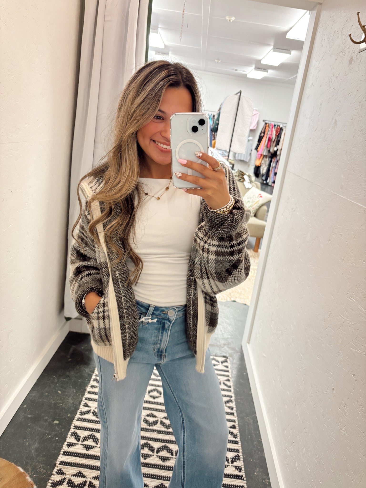 Expresso Plaid Zip Up Sweater