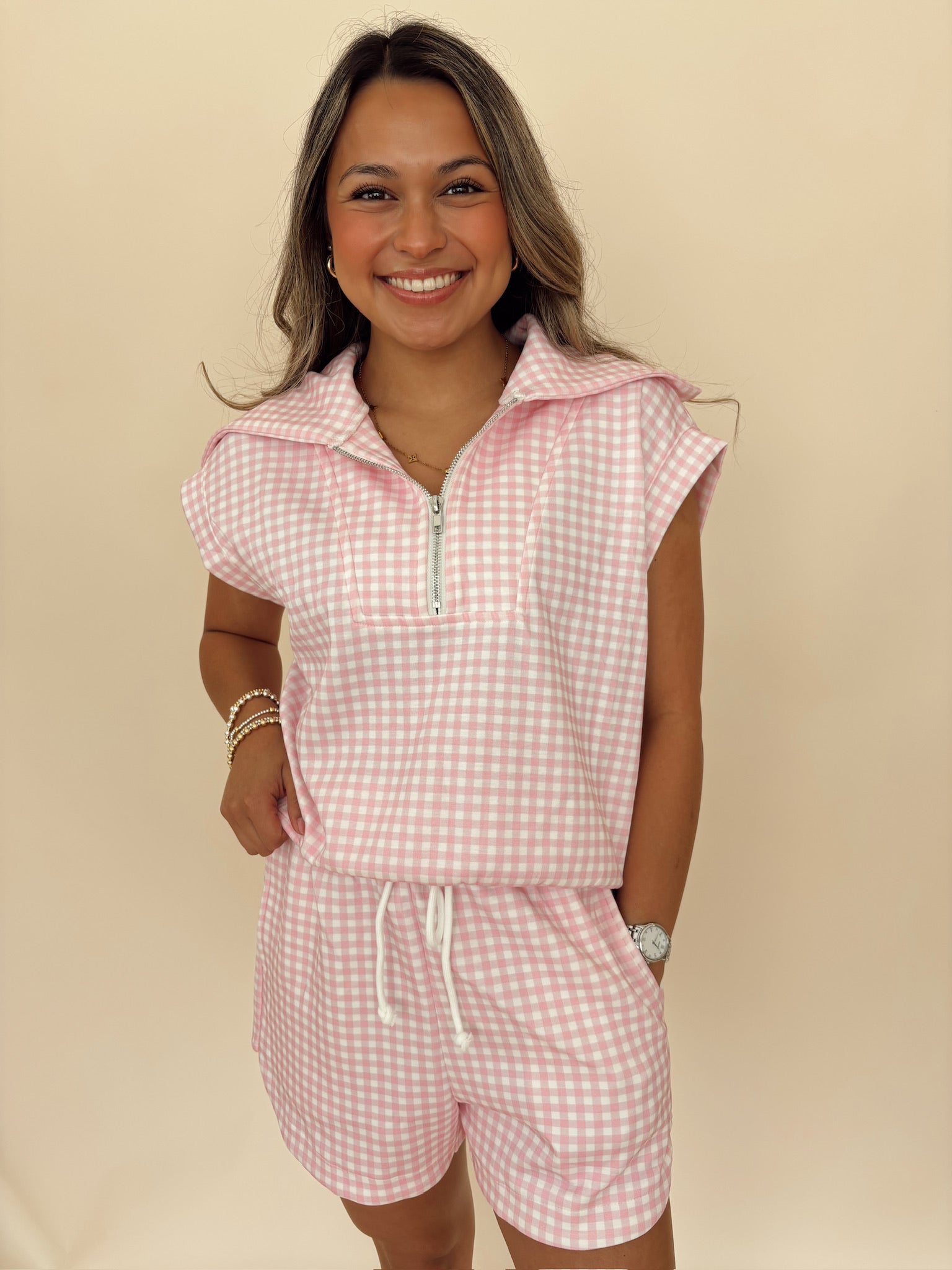 Pink Gingham Shorts Set