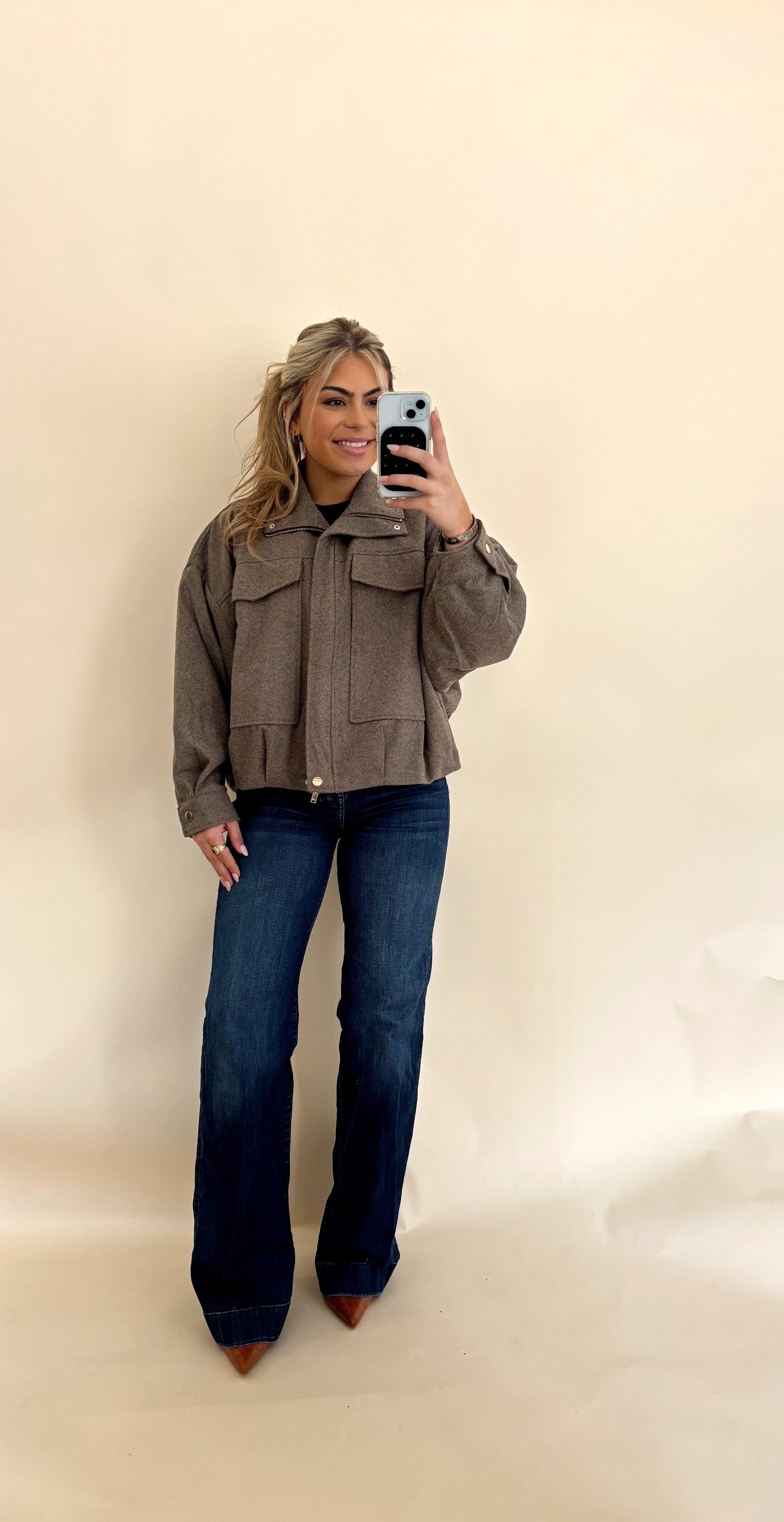 Mocha Herringbone Twill Bomber Jacket